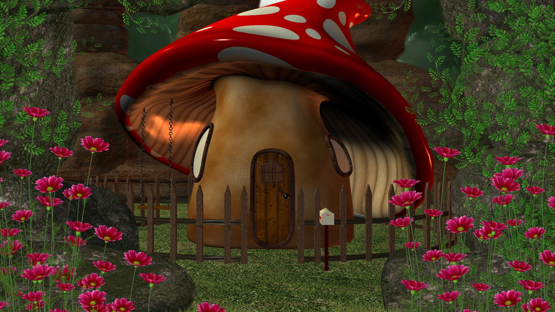 Laden Sie das Fantasie, Blume, Wald, Haus, Pilz-Bild kostenlos auf Ihren PC-Desktop herunter