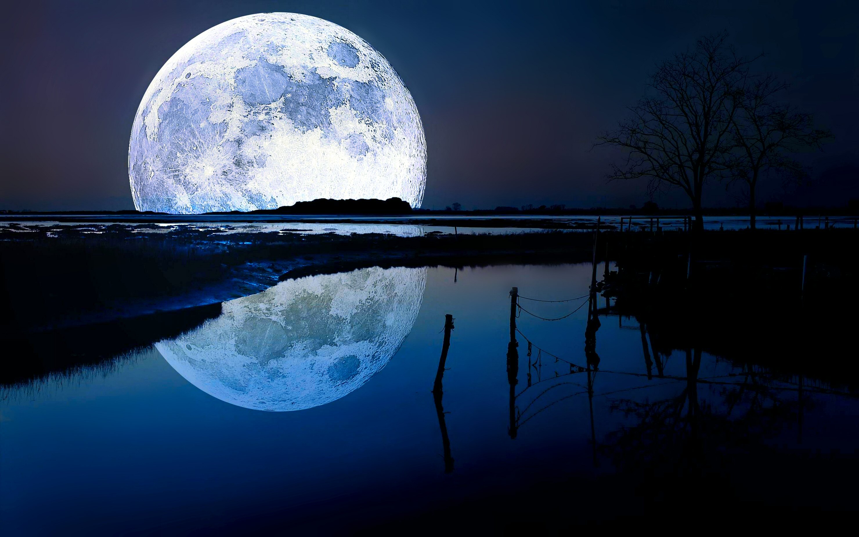 lake, moon, reflection, horizon, blue, earth