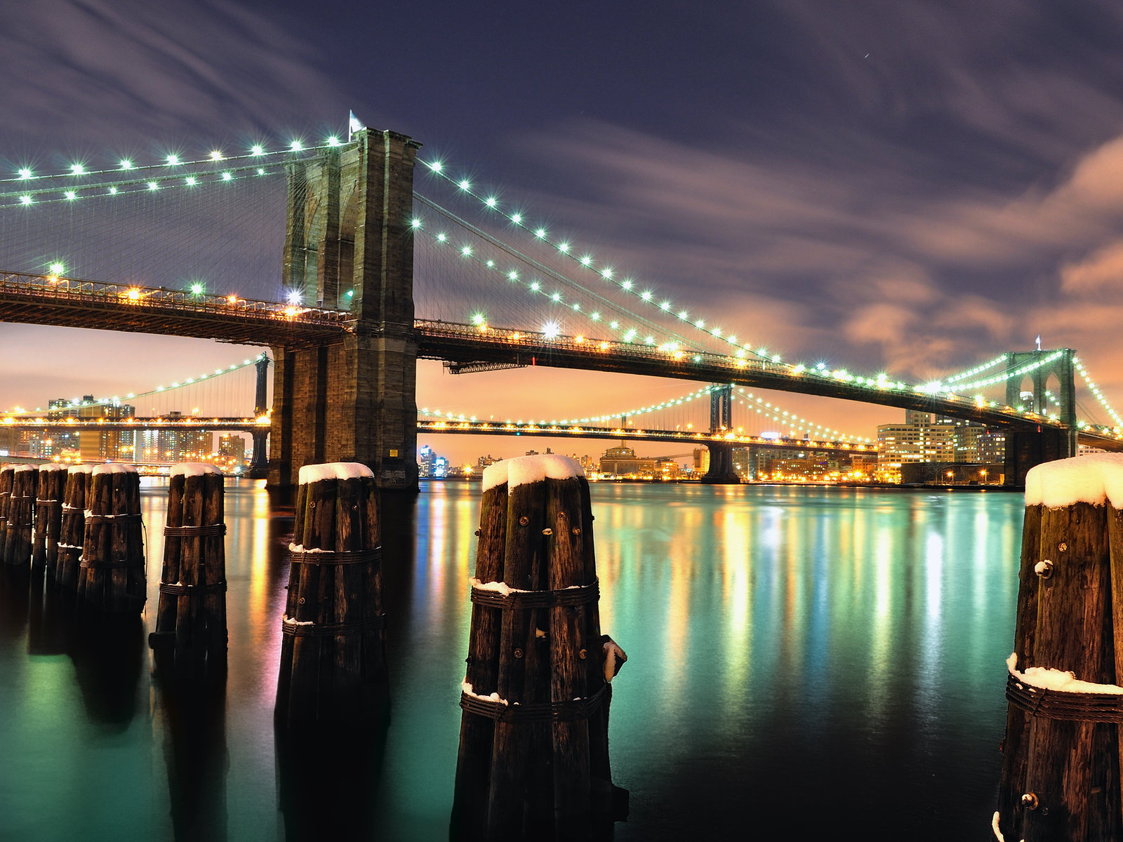 Download mobile wallpaper Brooklyn Bridge, Bridges, Light, Man Made, Night for free.