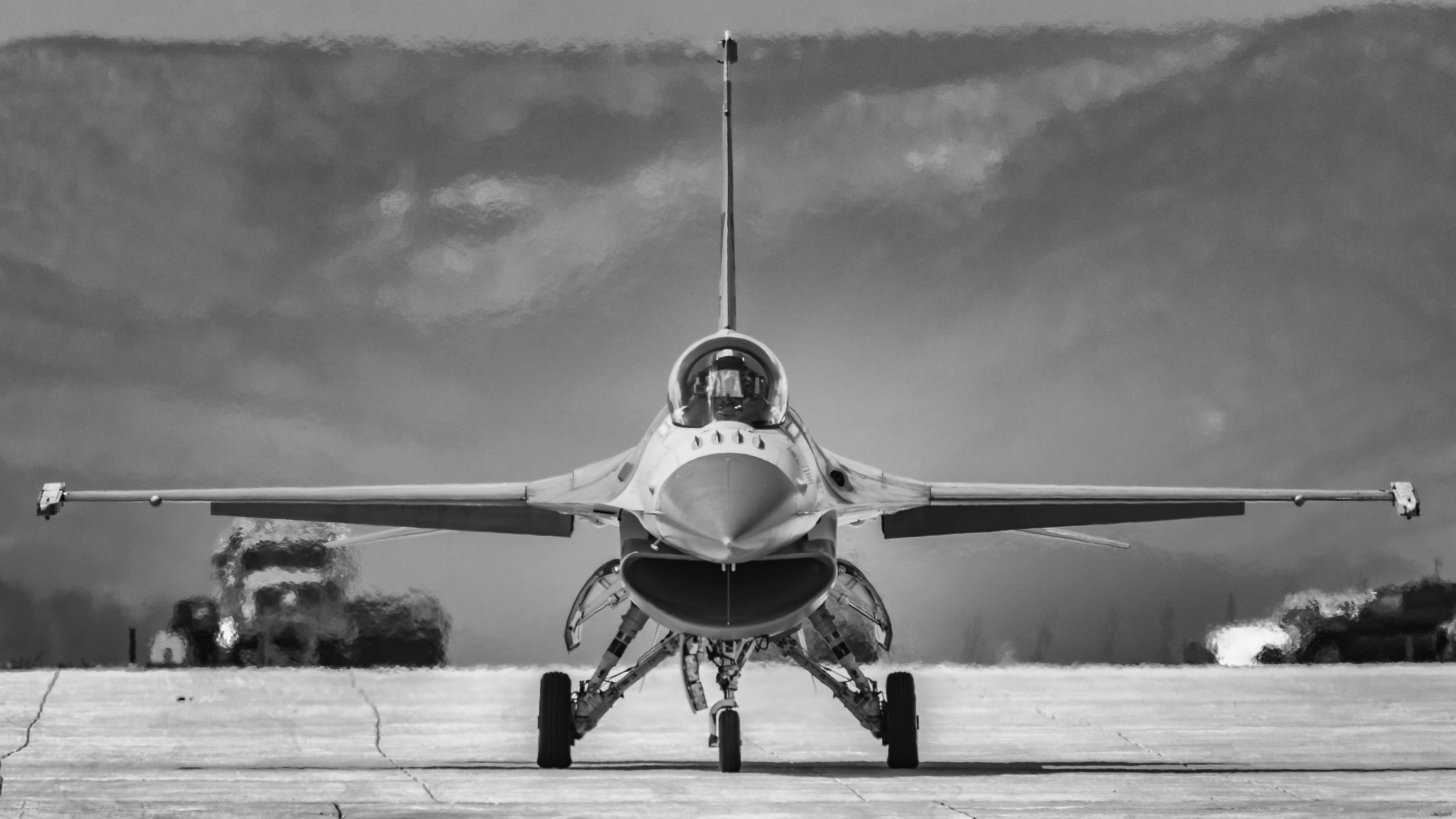 Download mobile wallpaper Aircraft, Military, Jet Fighter, Black & White, General Dynamics F 16 Fighting Falcon, Warplane, Jet Fighters for free.