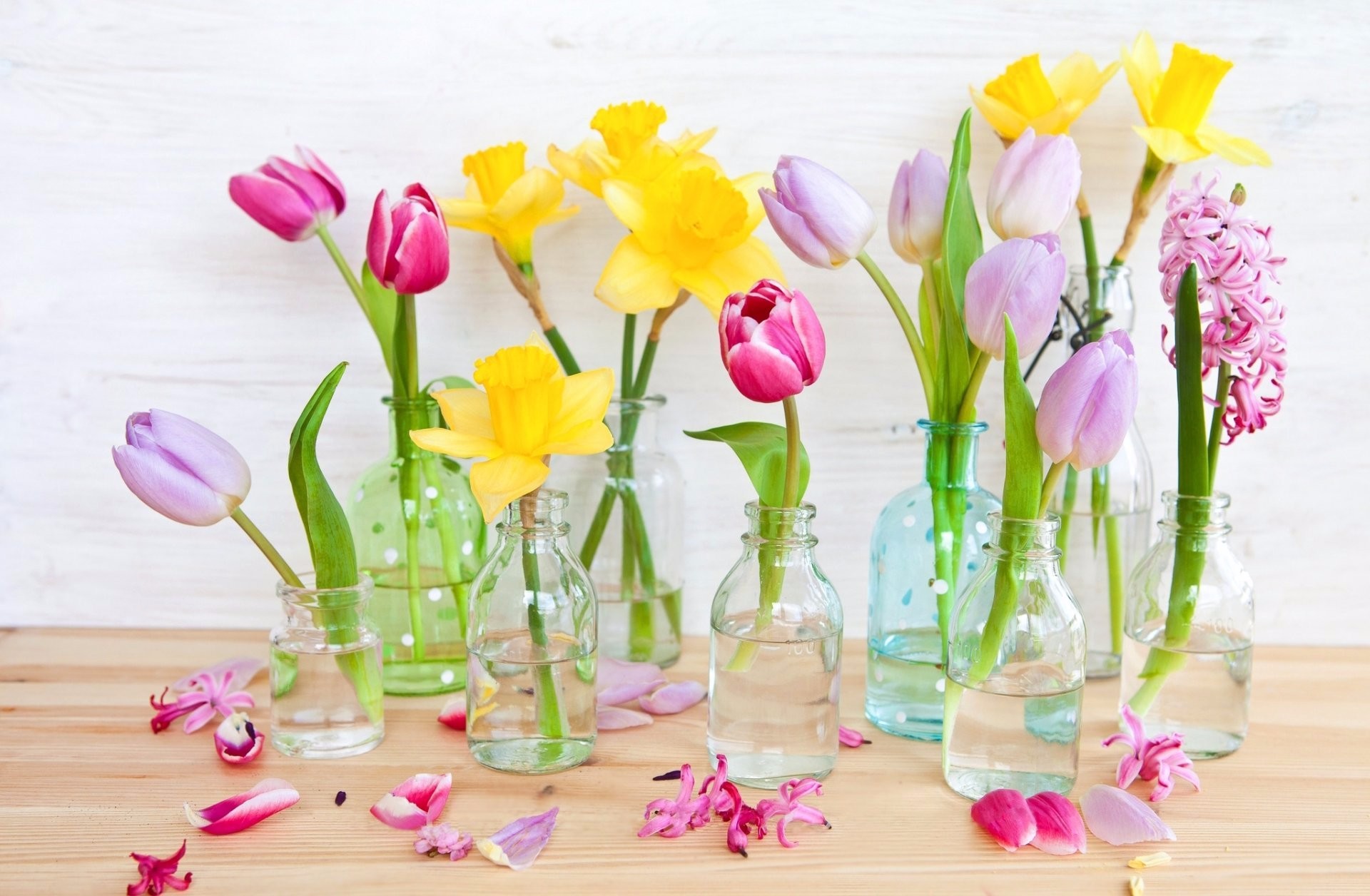 無料モバイル壁紙花, 色, ガラス, 花瓶, カラフル, 春, 黄色い花, マンメイド, ピンクの花をダウンロードします。