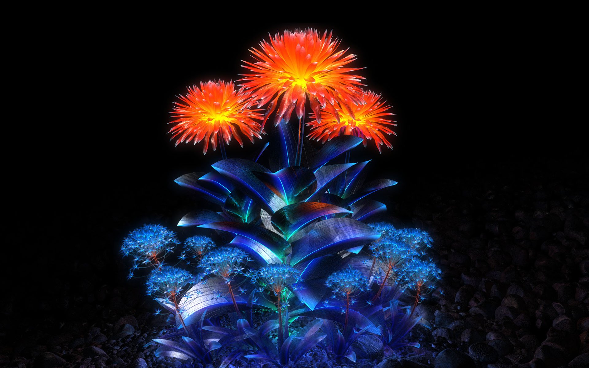 PCデスクトップに花, 青い, デジタルアート, 芸術的, オレンジフラワー画像を無料でダウンロード