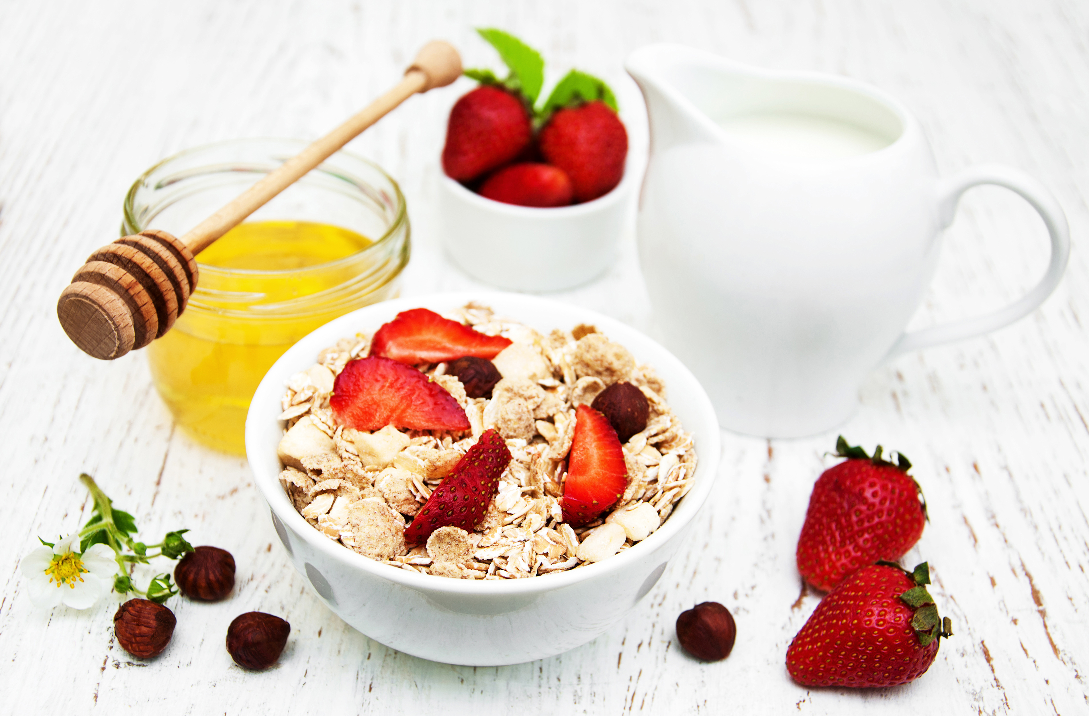Download mobile wallpaper Food, Strawberry, Berry, Fruit, Honey, Muesli, Breakfast, Milk for free.