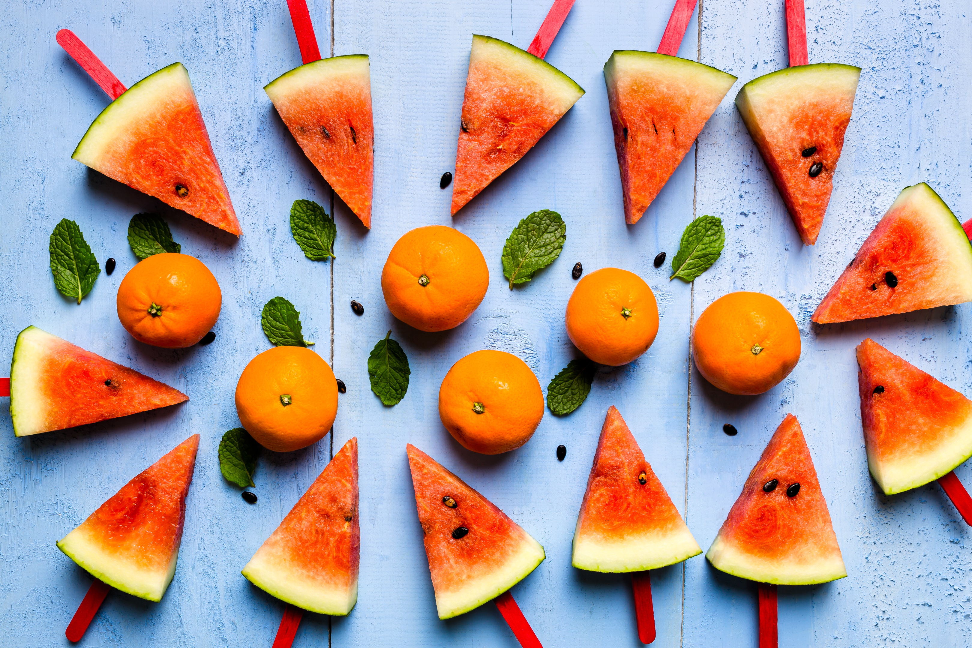 Download mobile wallpaper Food, Still Life, Fruit, Watermelon, Mandarin, Popsicle for free.