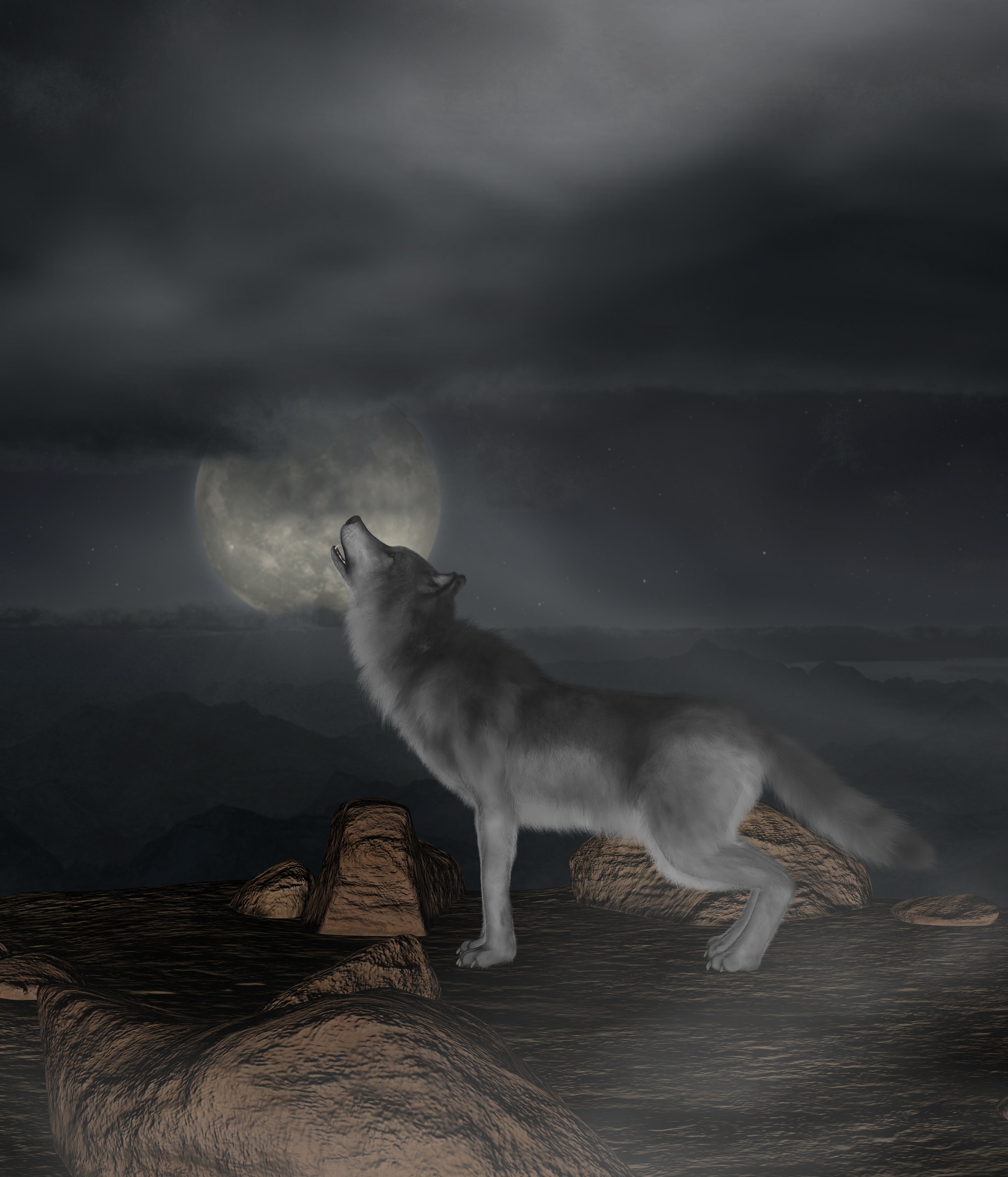 moon, 3d, wolf, full moon, howl