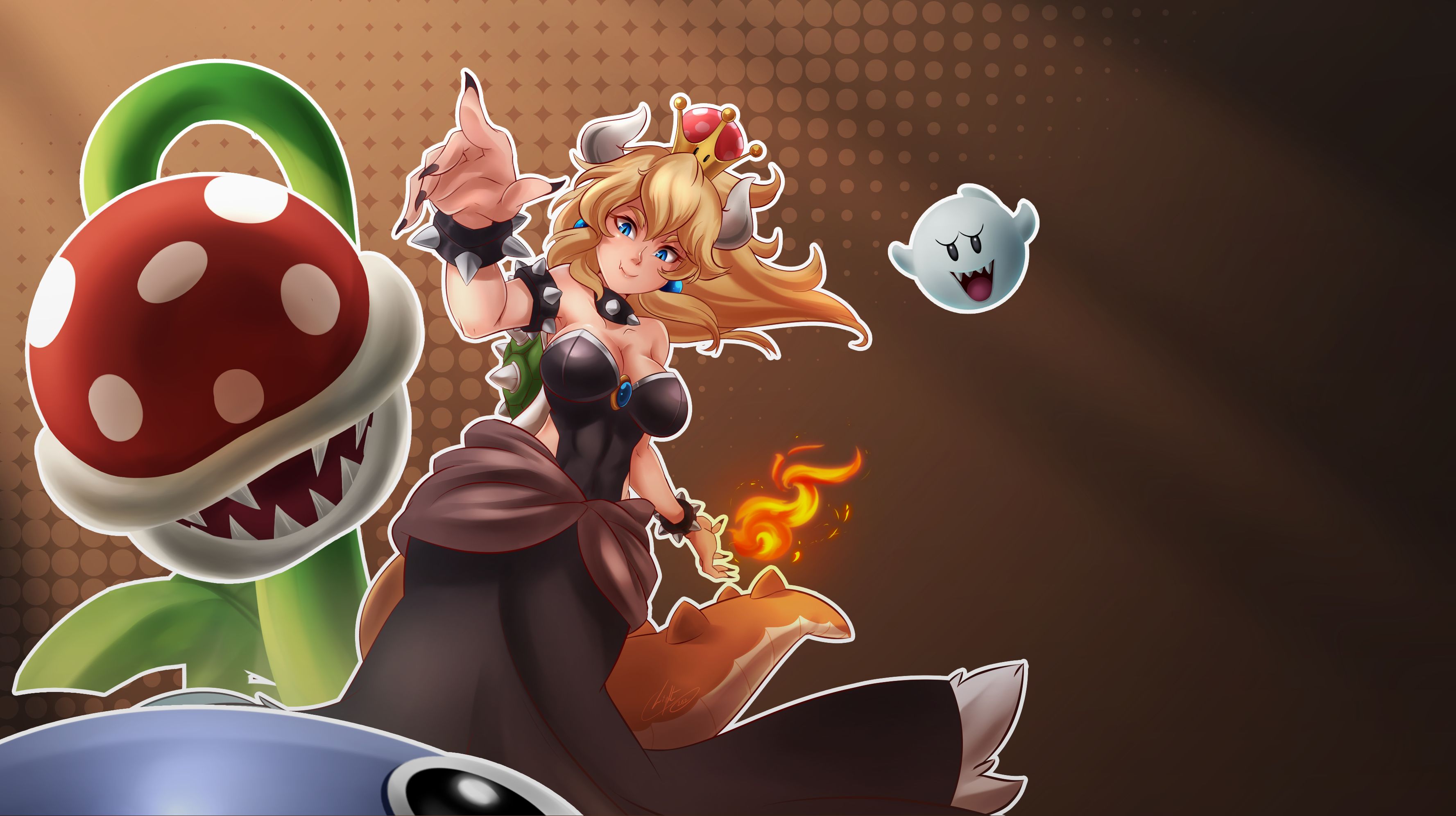 bowsette, video game, blonde, blue eyes, crown, ghost, piranha plant, mario