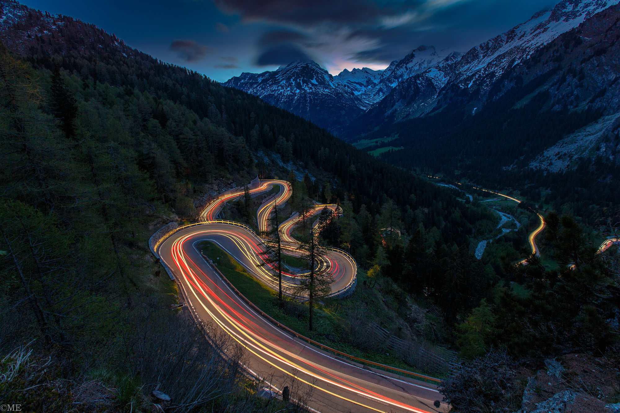 Download mobile wallpaper Night, Mountain, Light, Road, Photography, Time Lapse for free.