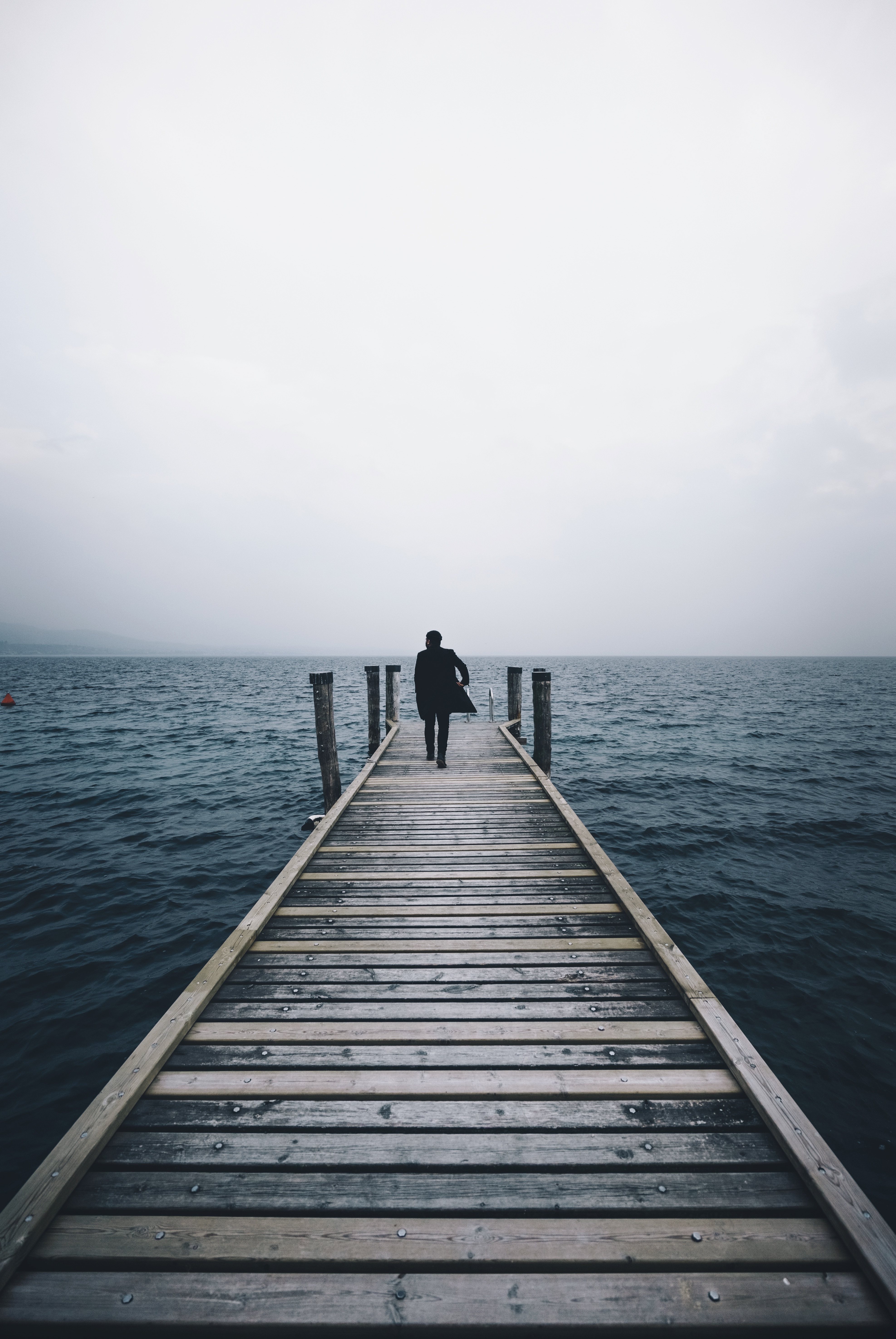 Download mobile wallpaper Horizon, Sea, Person, Human, Pier, Nature, Loneliness for free.