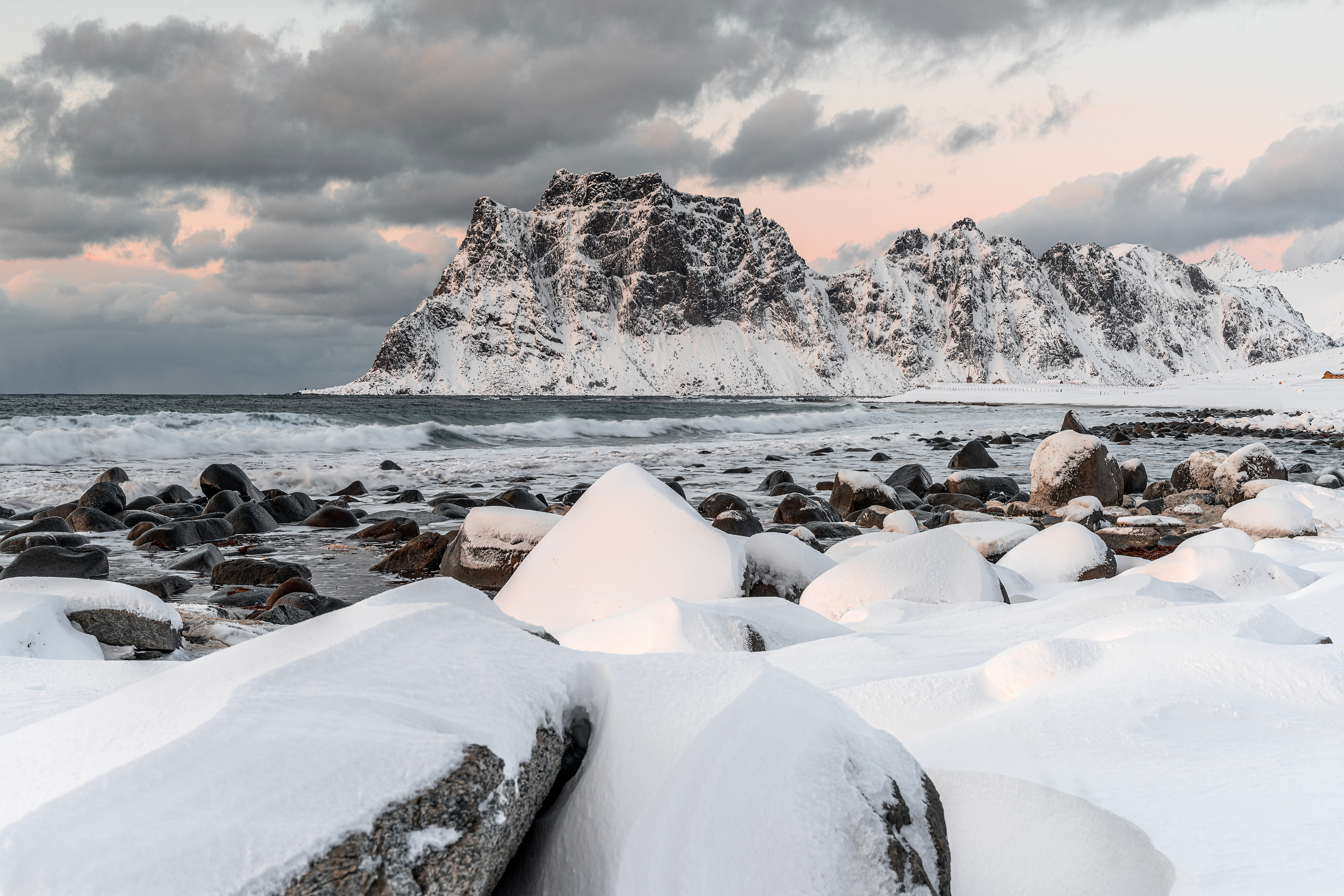 Download mobile wallpaper Shore, Bank, Snow, Rock, Sea, Waves, Nature for free.