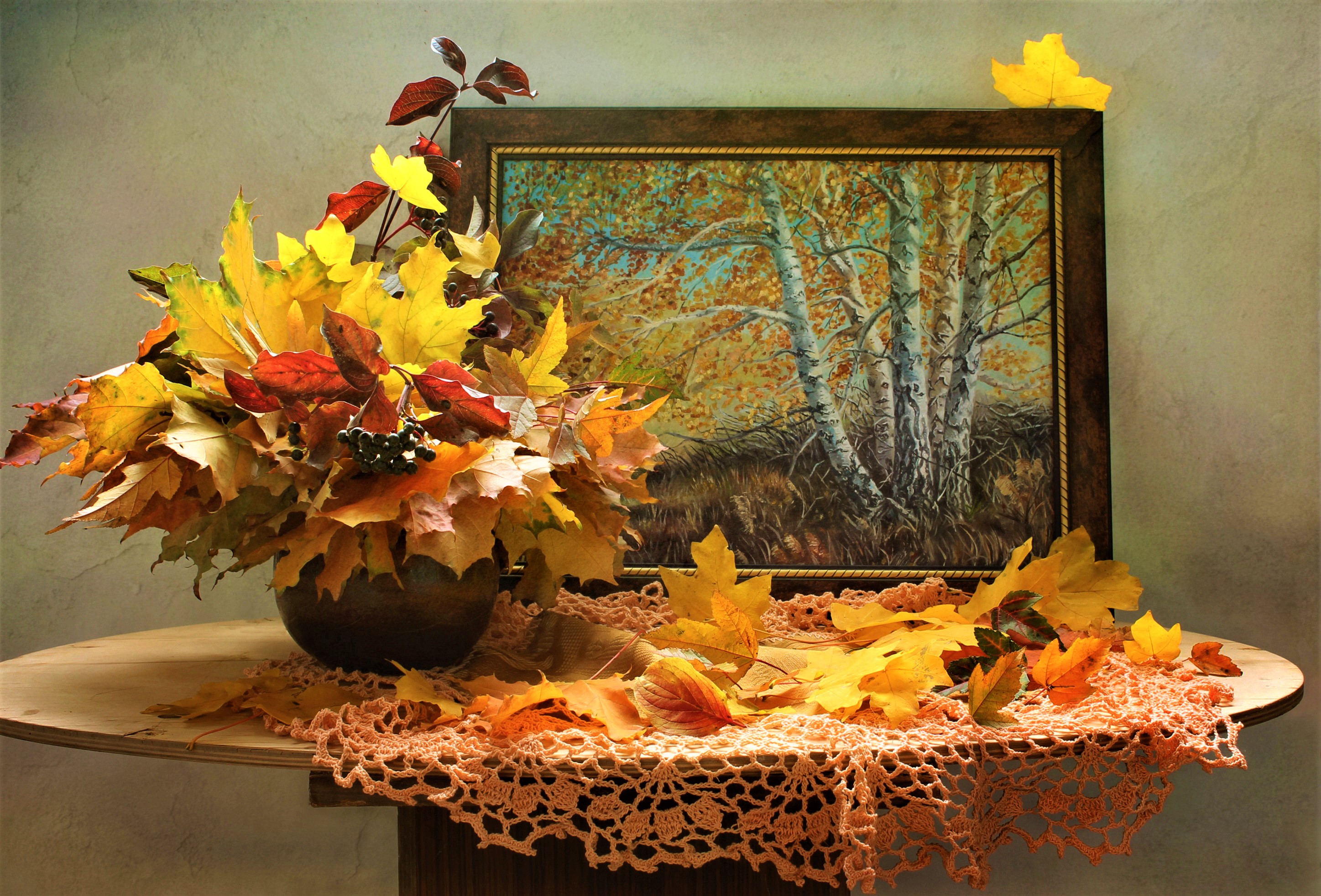 Download mobile wallpaper Still Life, Leaf, Fall, Vase, Photography for free.