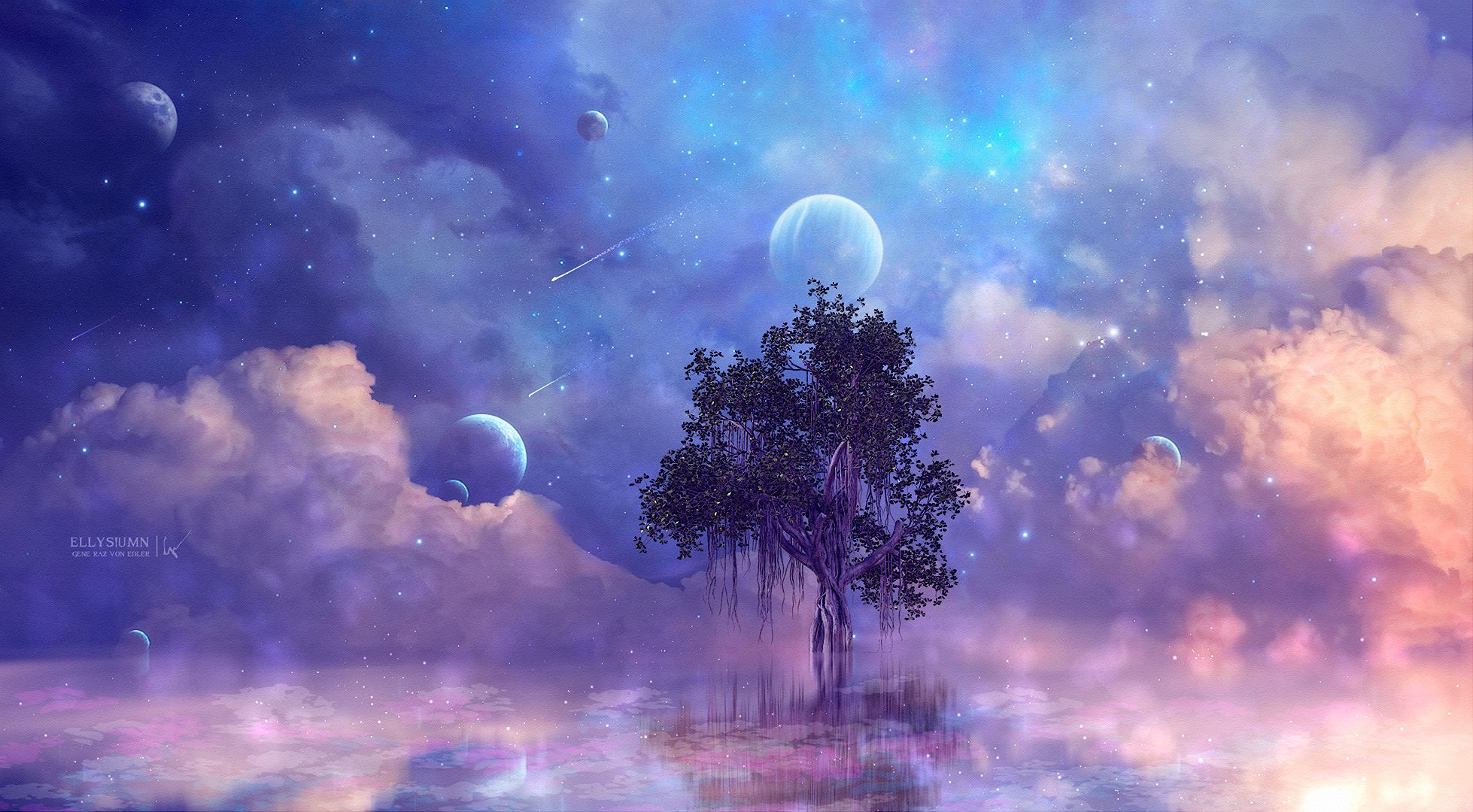 Laden Sie das Fantasie, Sterne, Baum, Lila, Planet, Wolke, Künstlerisch, Sternenklarer Himmel-Bild kostenlos auf Ihren PC-Desktop herunter