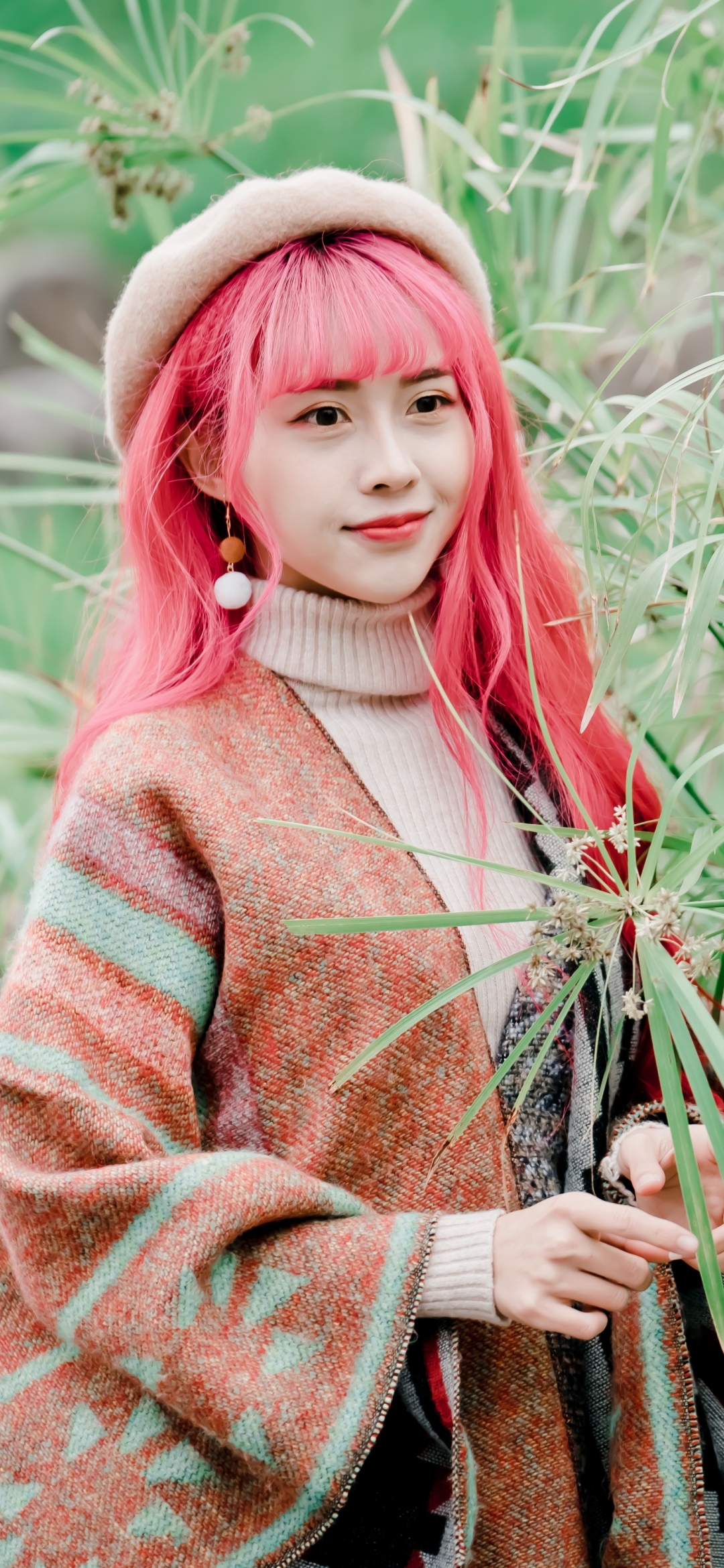 Download mobile wallpaper Smile, Hat, Model, Women, Pink Hair, Asian for free.