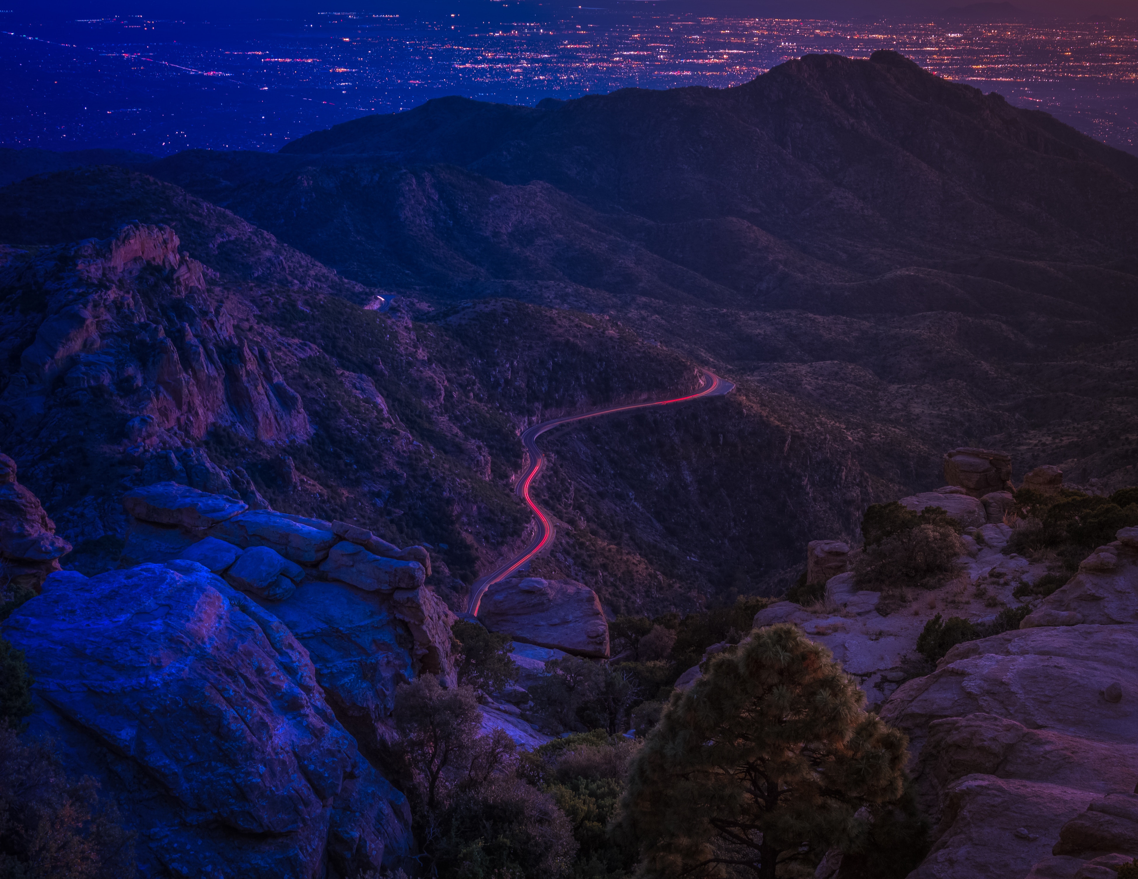 Download mobile wallpaper View From Above, Illumination, Road, Mountains, Nature, Backlight, Night for free.