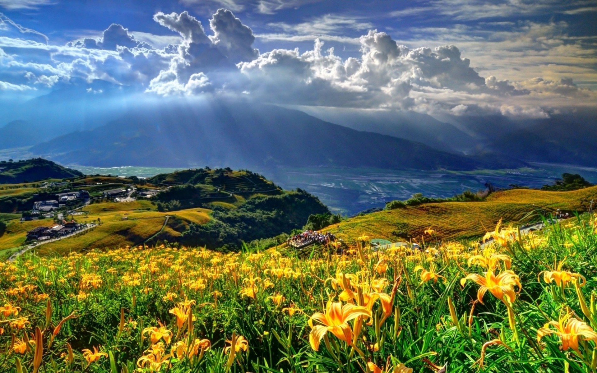 Free download wallpaper Landscape, Sky, Mountain, Flower, Earth, Village, Cloud, Photography, Sunbeam on your PC desktop