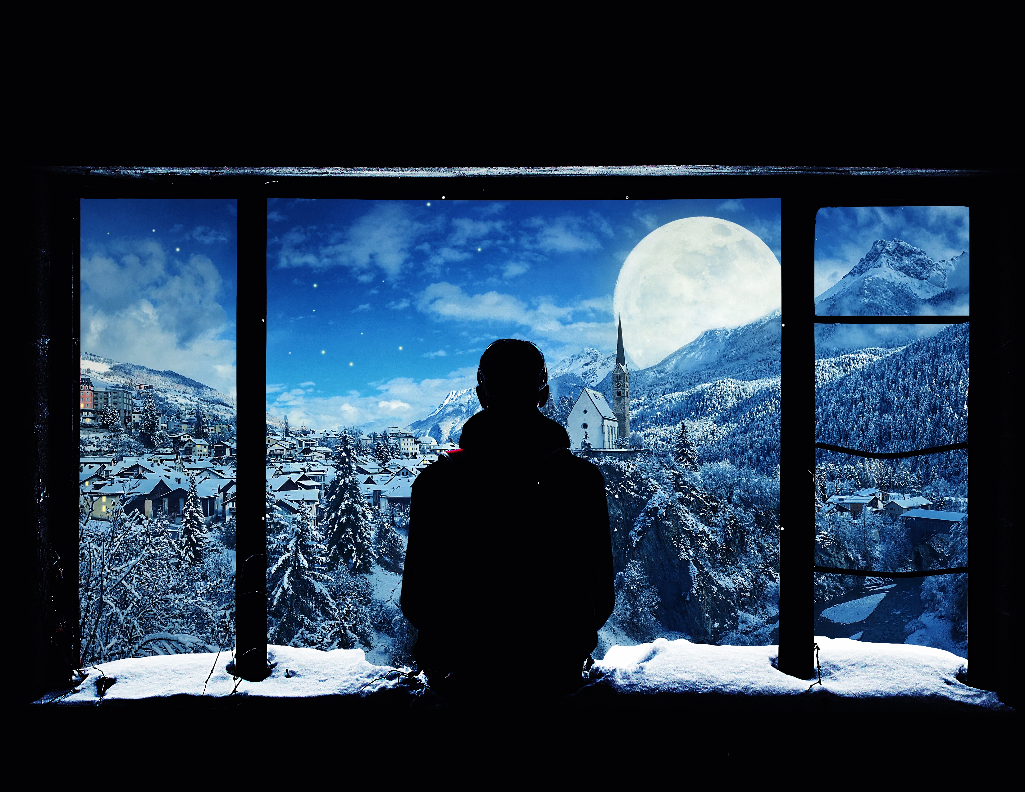 Free download wallpaper Miscellanea, Mountains, Snow, Lonely, Silhouette, Miscellaneous, Window, Alone on your PC desktop