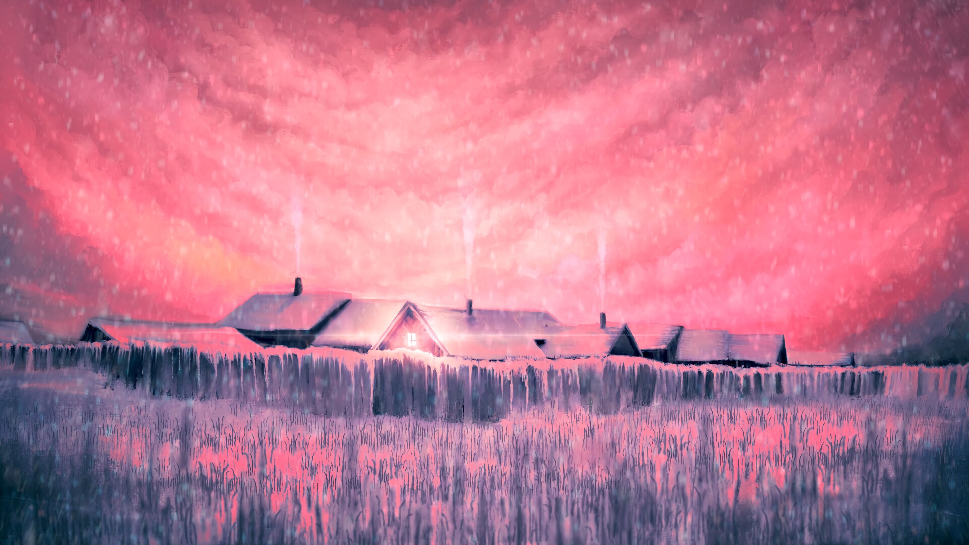 Free download wallpaper Art, Pink, Smoke, House on your PC desktop