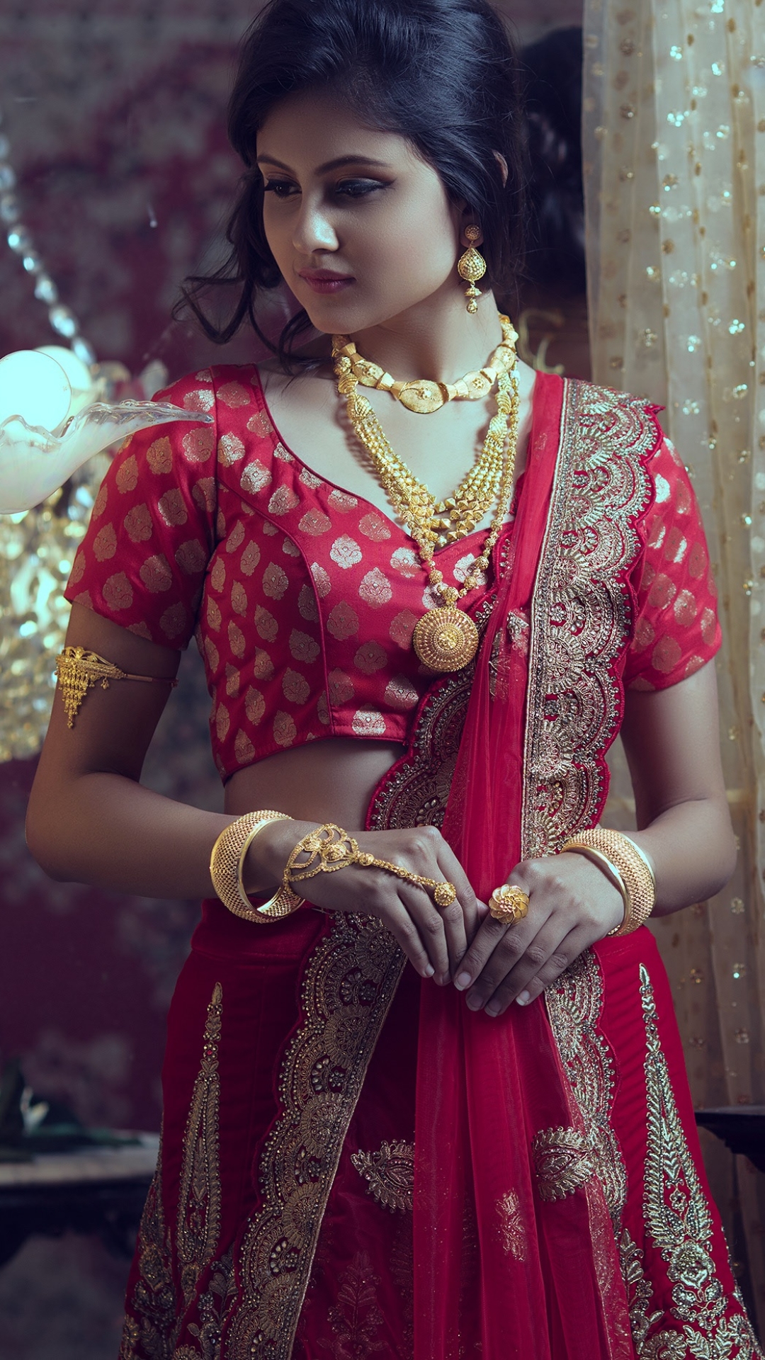 Download mobile wallpaper Jewelry, Model, Women, Indian, Traditional Costume, Sari for free.
