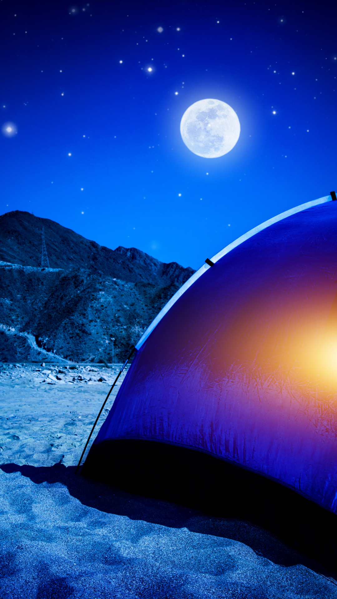 camping, photography, camp, tent, moon, mountain, sand, night