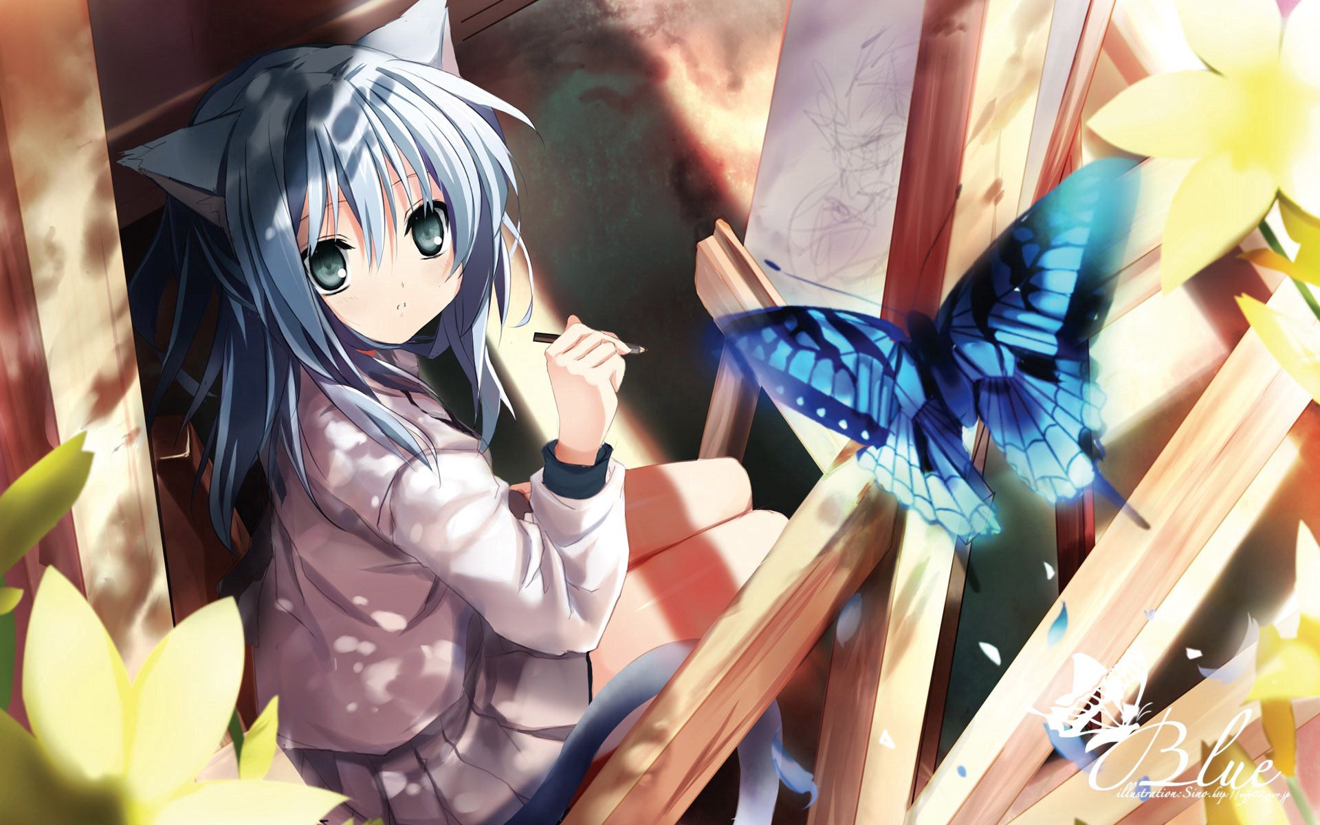 Free download wallpaper Ears, Butterfly, Picture, Drawing, Girl, Anime on your PC desktop