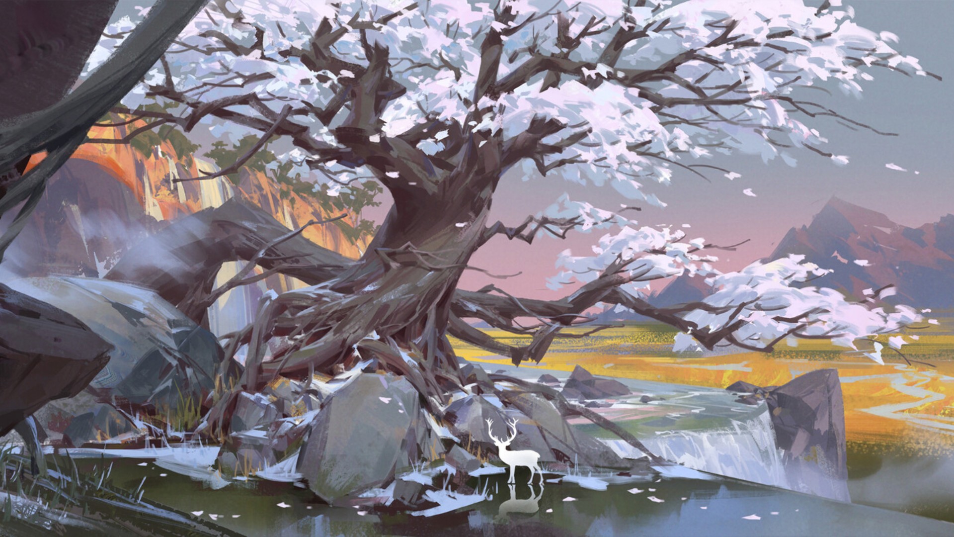 Laden Sie das Wasserfall, Baum, Fluss, Hirsch, Künstlerisch-Bild kostenlos auf Ihren PC-Desktop herunter