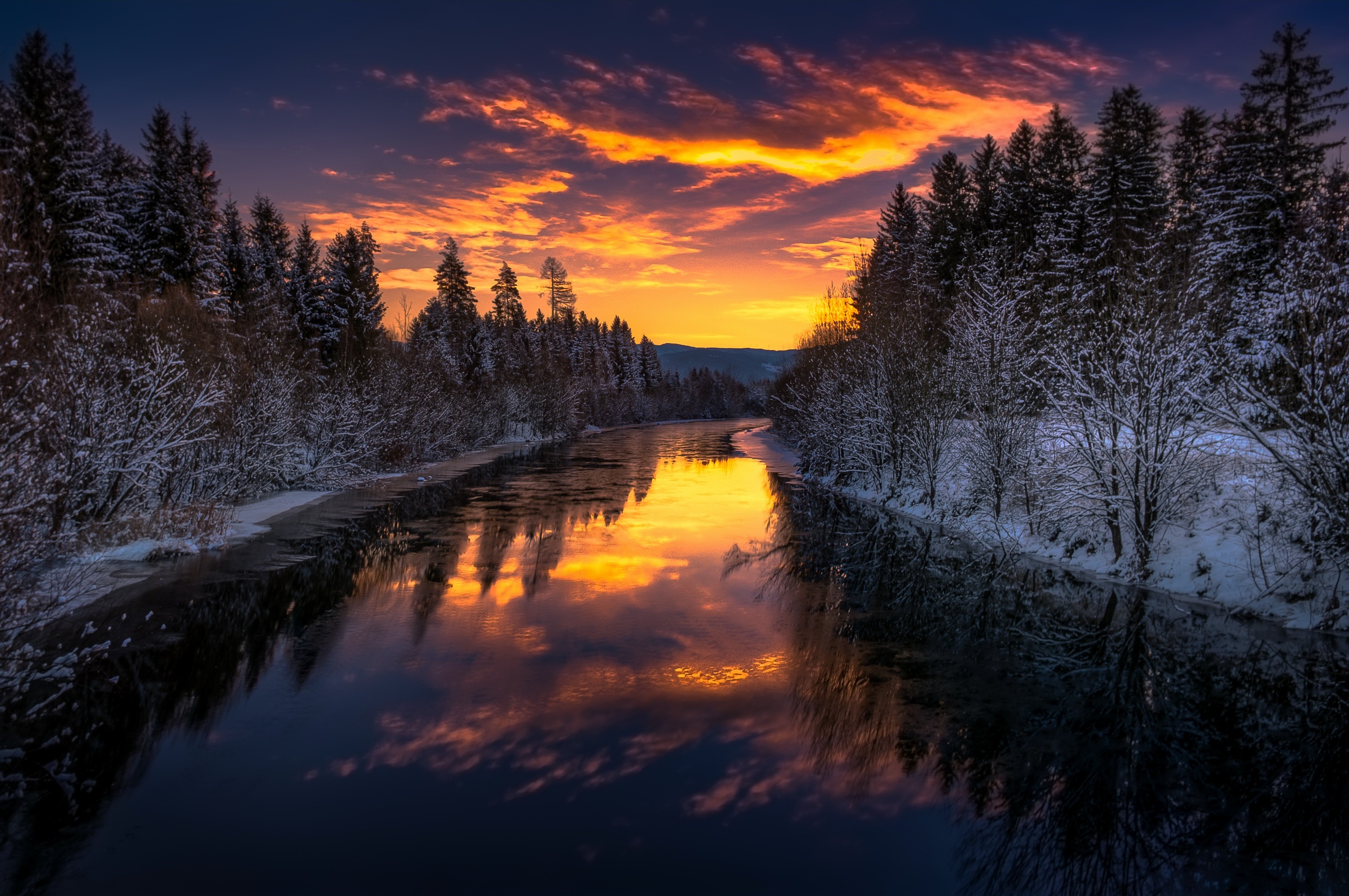 Download mobile wallpaper Winter, Nature, Reflection, Sunrise, Earth, River for free.