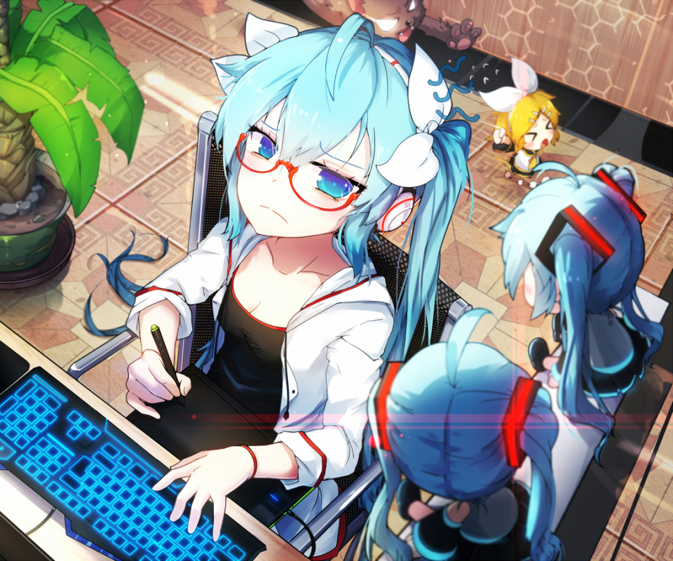Free download wallpaper Anime, Headphones, Plant, Vocaloid, Glasses, Computer, Hatsune Miku, Aqua Eyes, Aqua Hair, Twintails, Chibi on your PC desktop