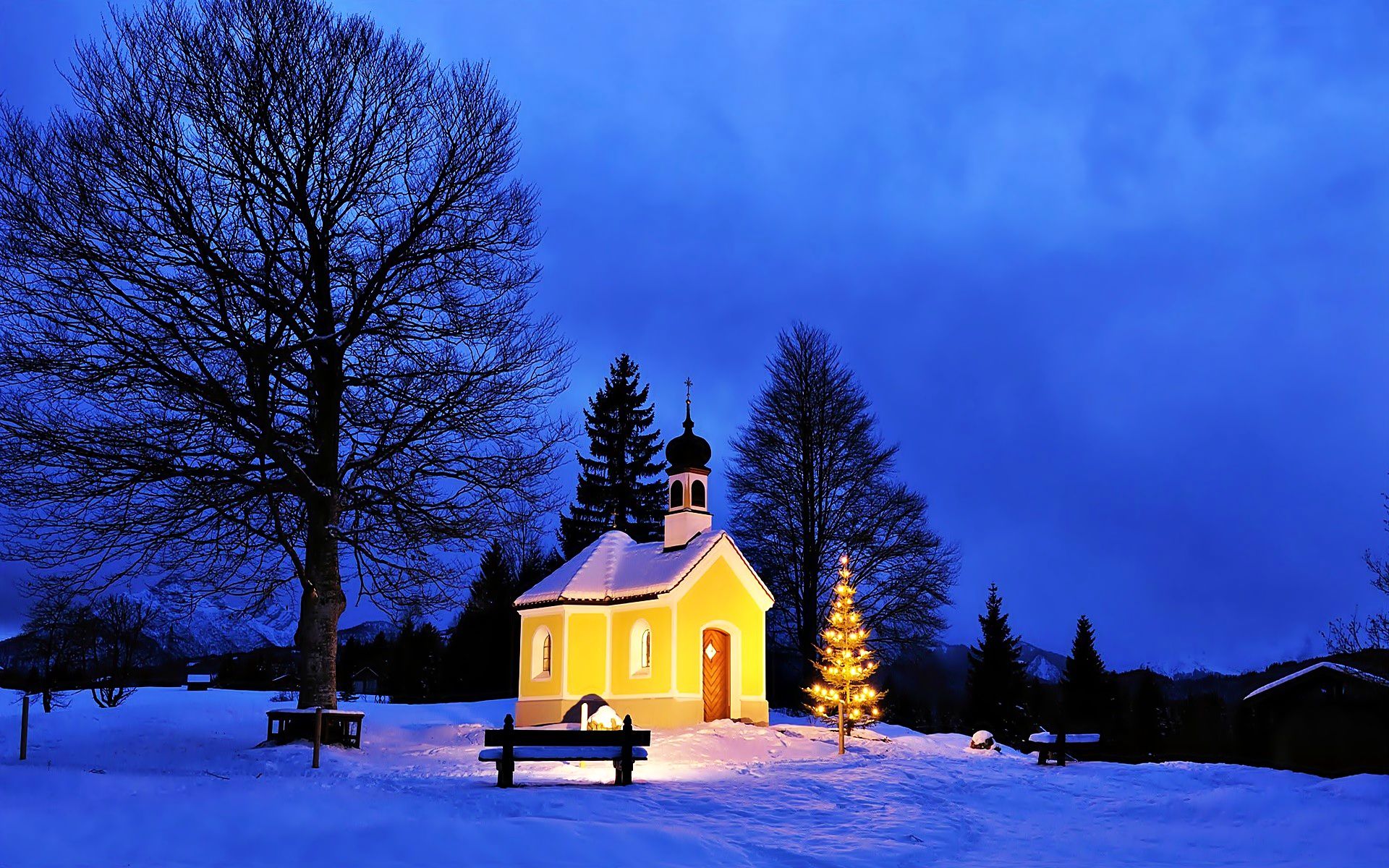 PCデスクトップに冬, 雪, 光, 教会, 夜, 宗教的画像を無料でダウンロード