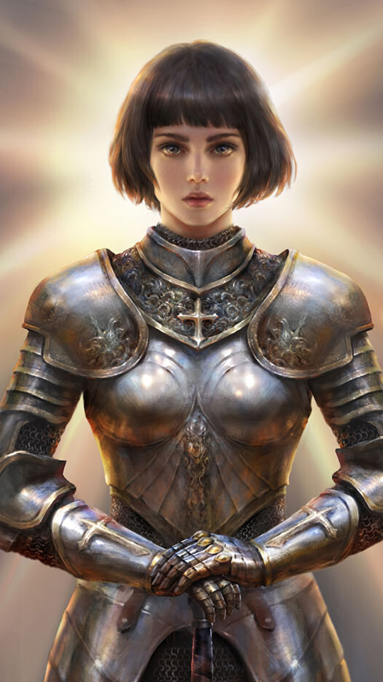 Download mobile wallpaper Fantasy, Knight, Armor, Brown Hair, Short Hair, Woman Warrior, Joan Of Arc for free.