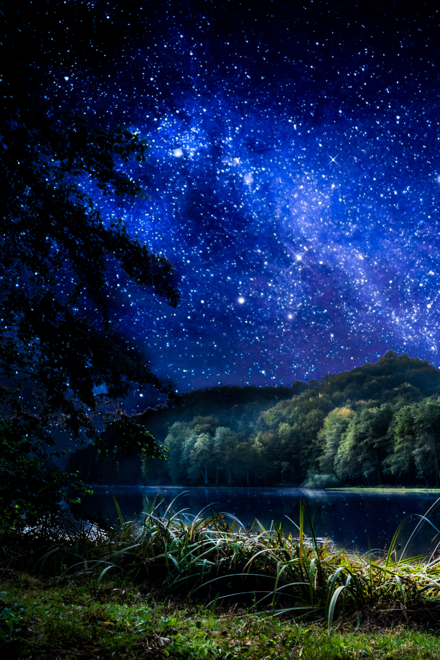 Download mobile wallpaper Sky, Stars, Night, Mountain, Lake, Starry Sky, Earth for free.