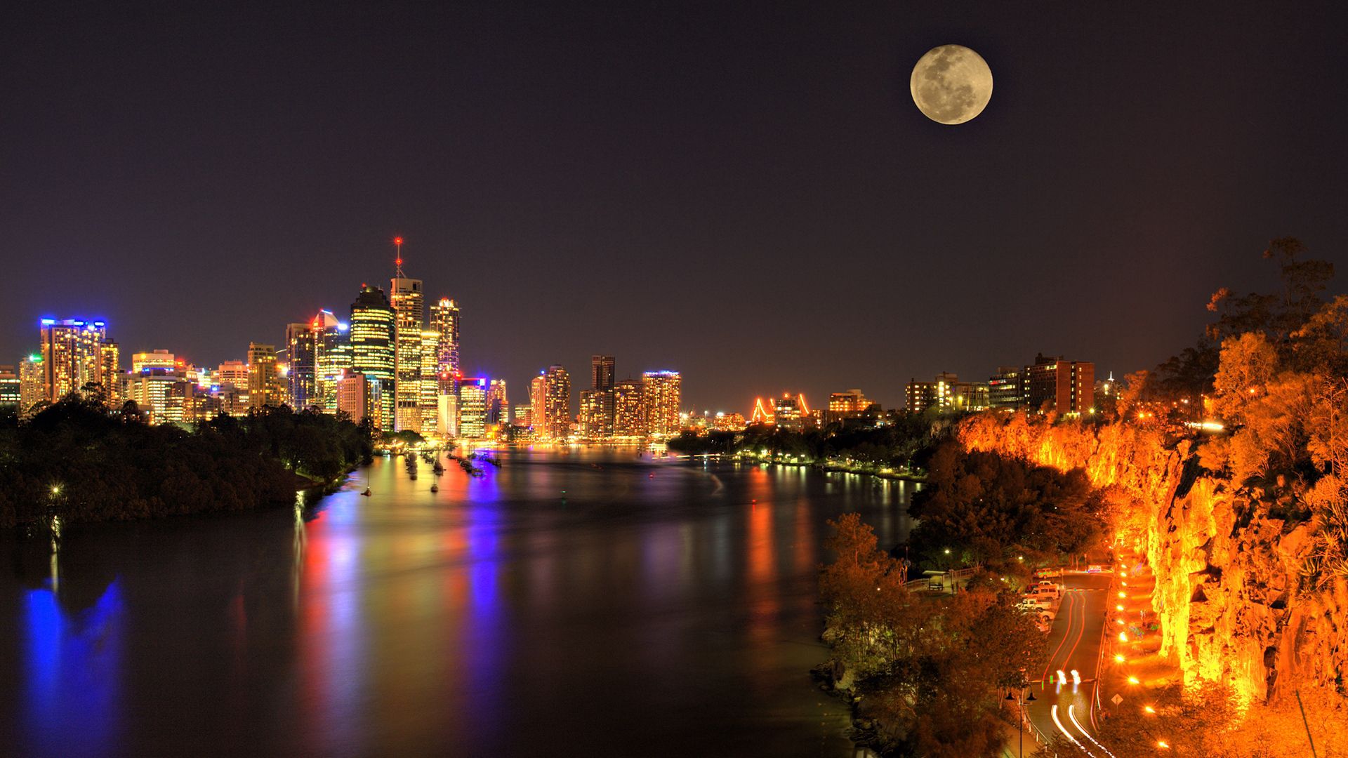 Free download wallpaper Cities, Rivers, Trees, Building, Night on your PC desktop