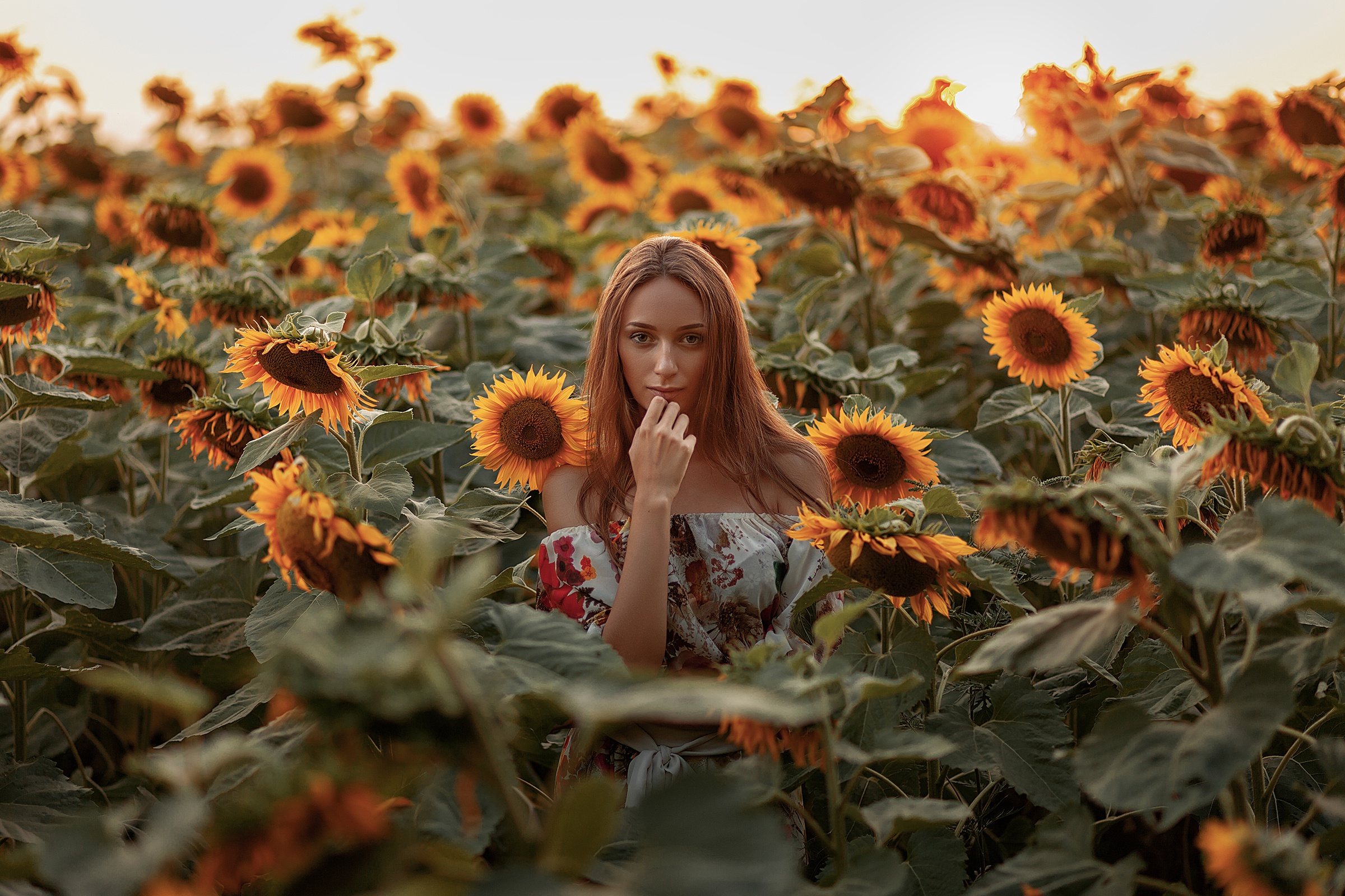 Free download wallpaper Summer, Flower, Redhead, Sunflower, Model, Women, Yellow Flower on your PC desktop