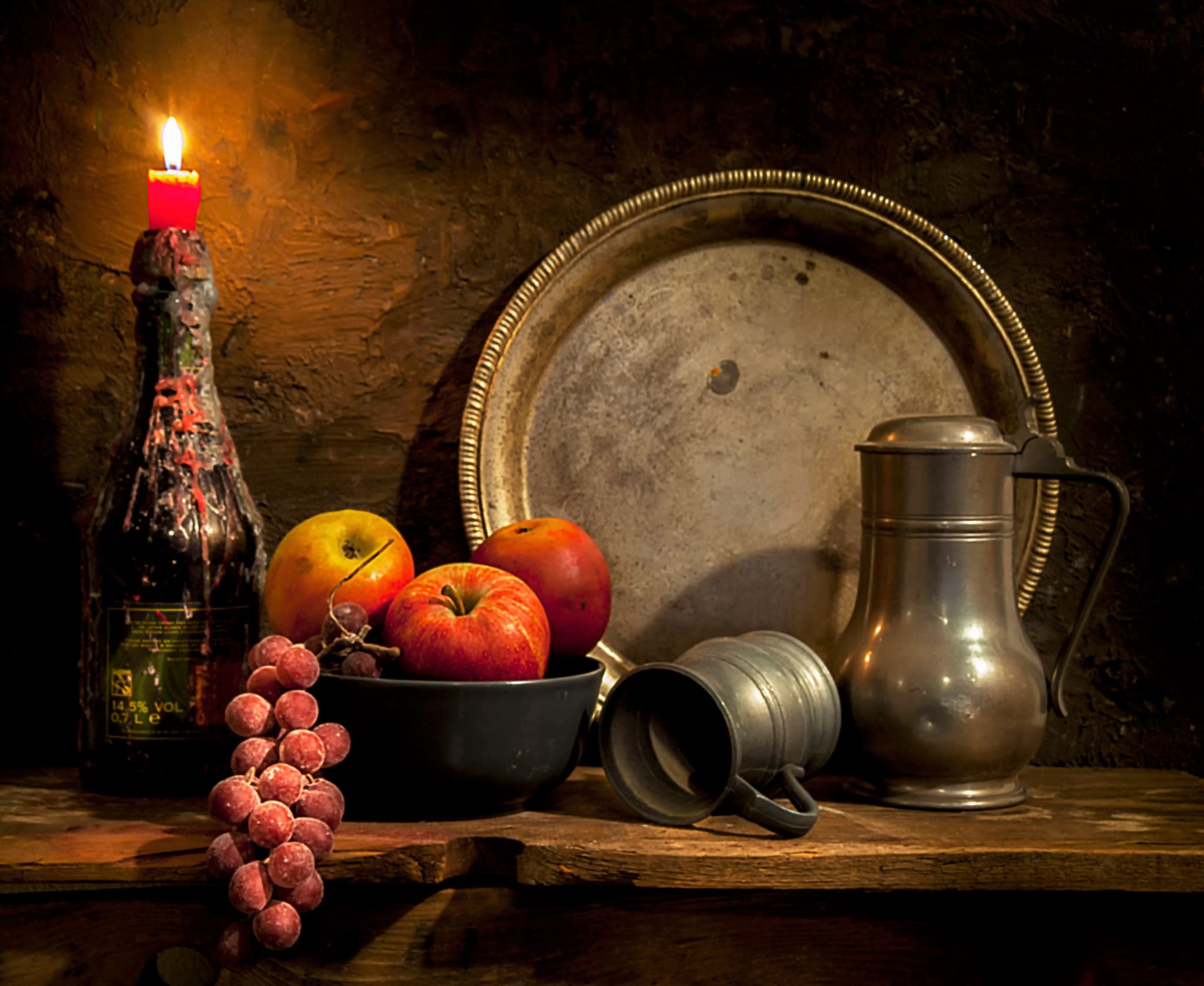 photography, still life, bottle, candle, cup, fruit, plate