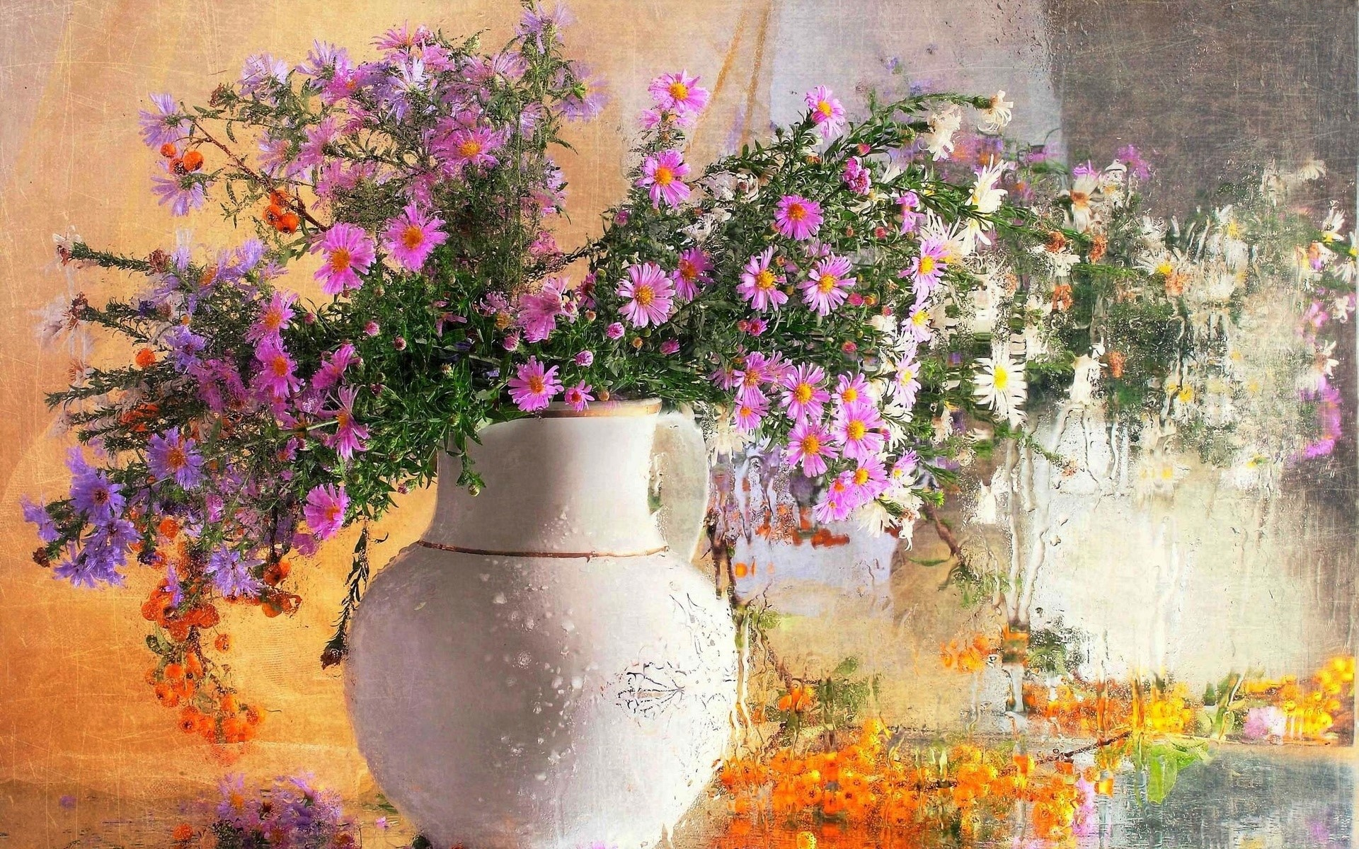 無料モバイル壁紙反射, 花, 花瓶, ペインティング, 芸術的, 鏡, ピンクの花をダウンロードします。