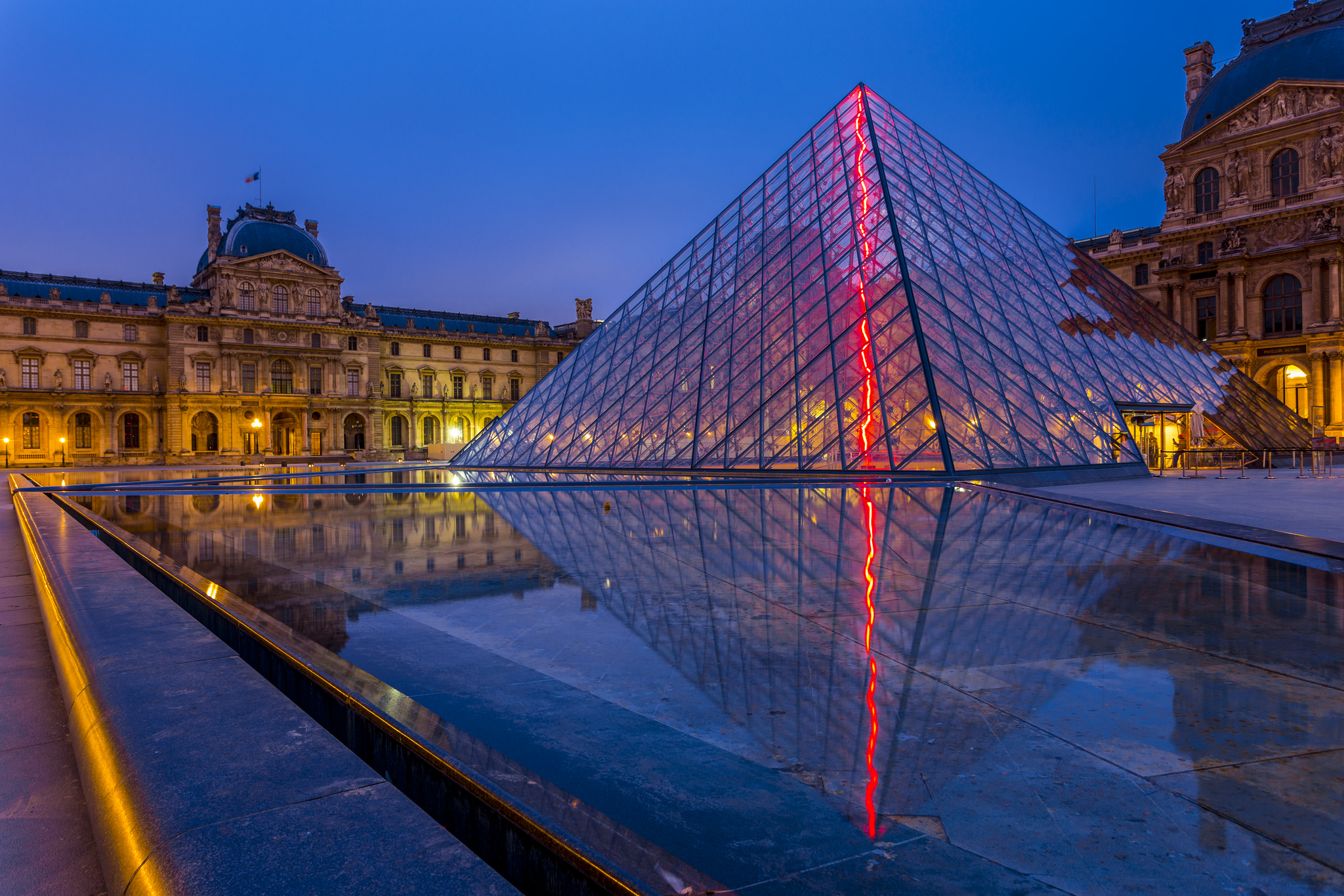man made, the louvre, building, france, museum, night, paris, pyramid, reflection