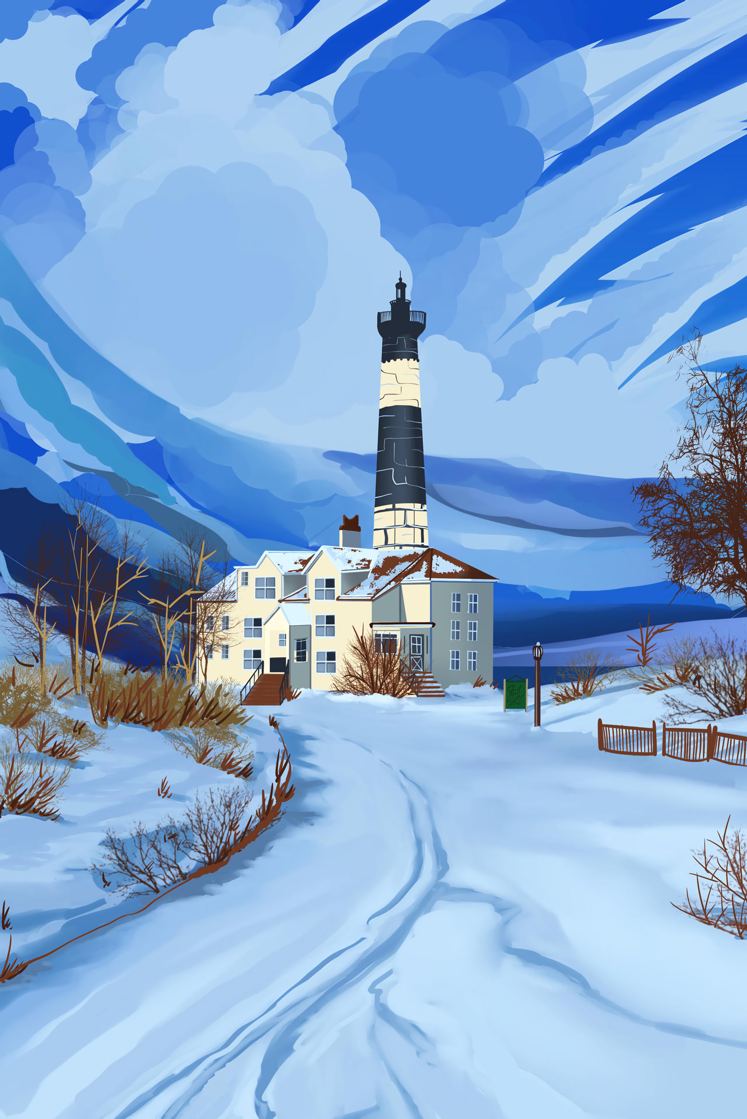Handy-Wallpaper Leuchtturm, Schnee, Gebäude, Winter, Kunst kostenlos herunterladen.