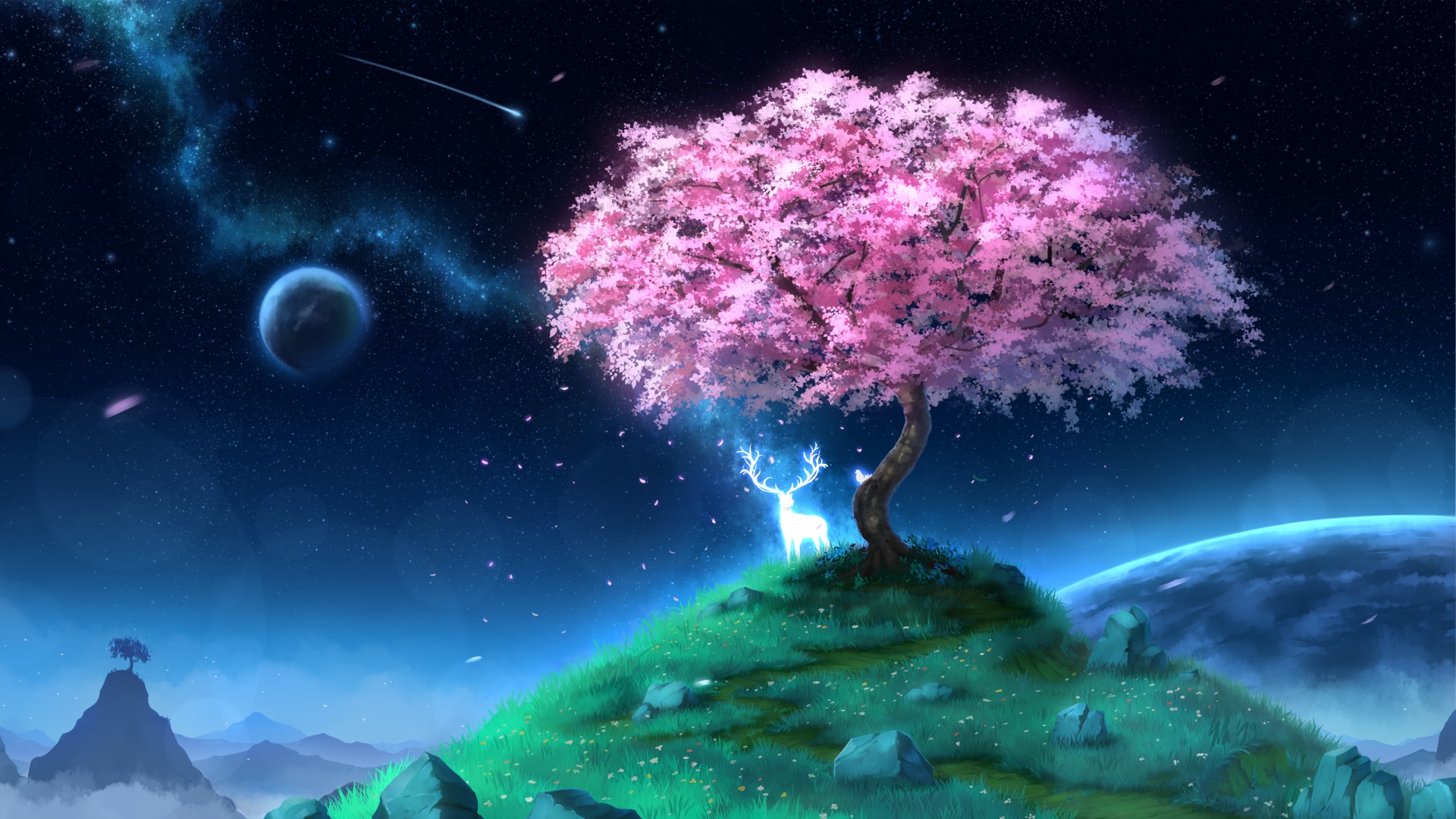 960172 скачать картинку олень, падающая звезда, звездное небо, дерево, аниме, планета - обои и заставки бесплатно