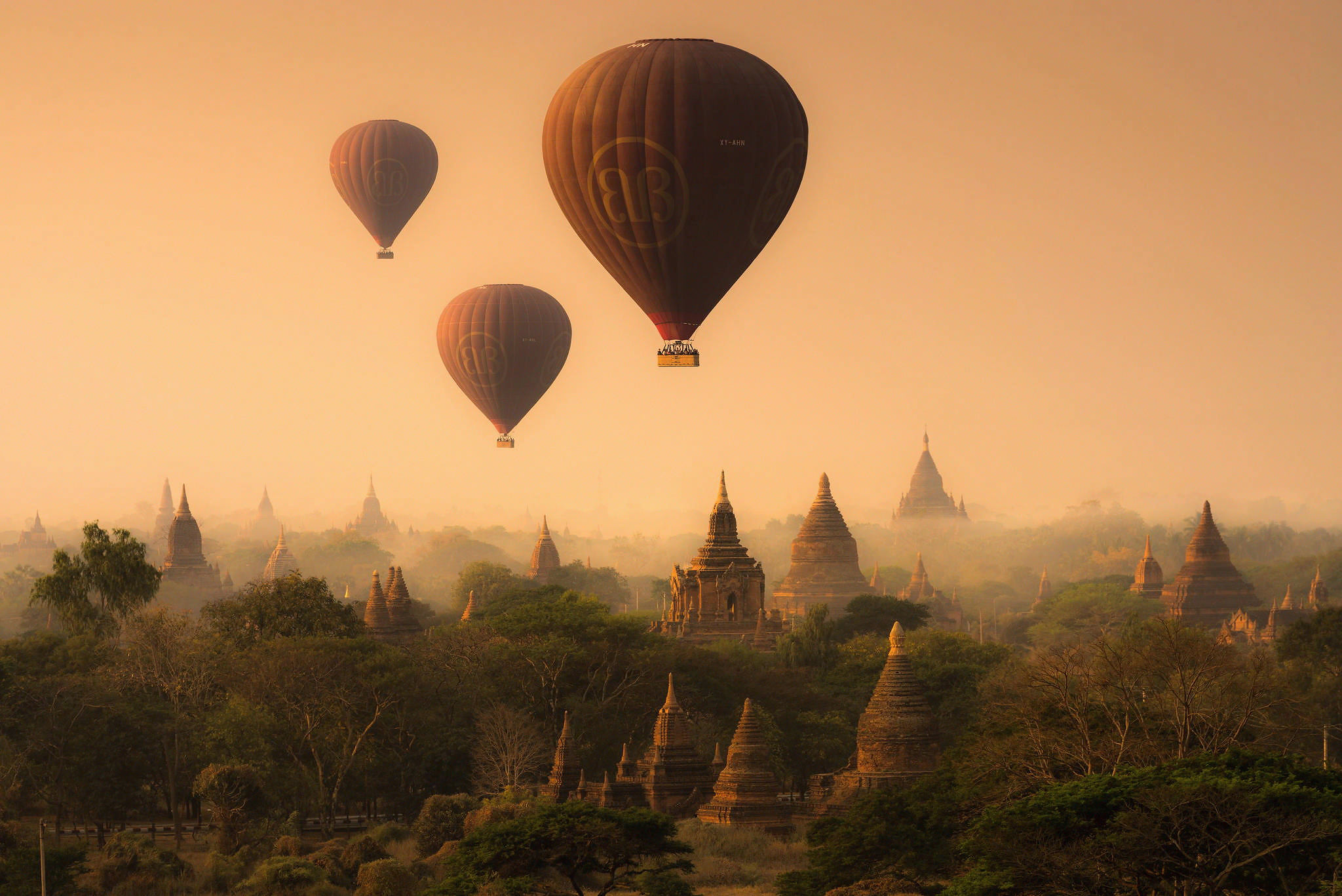 bagan, man made, hot air balloon, myanmar, panorama