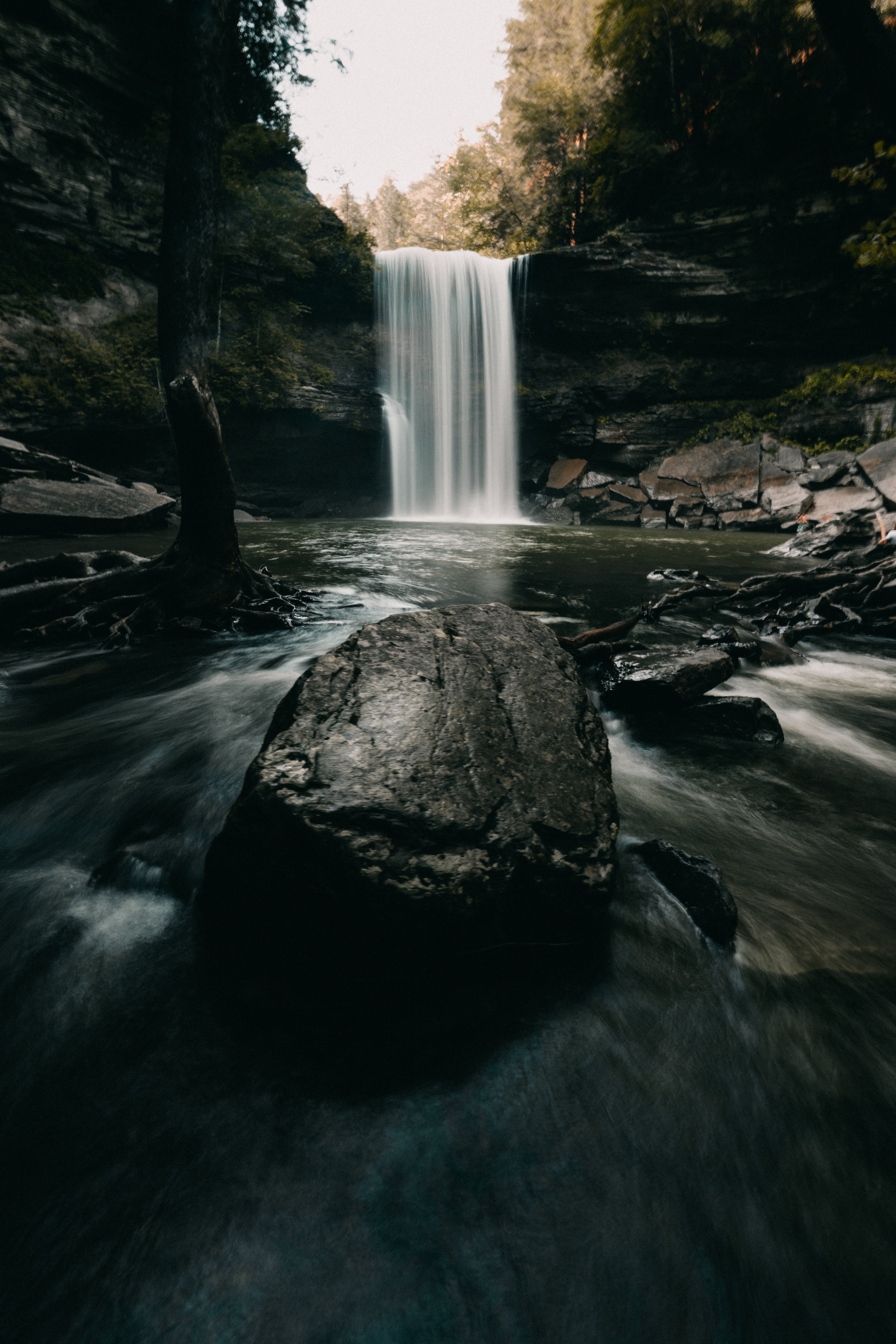 Download mobile wallpaper Stones, Waterfall, Nature, Landscape, Dark for free.