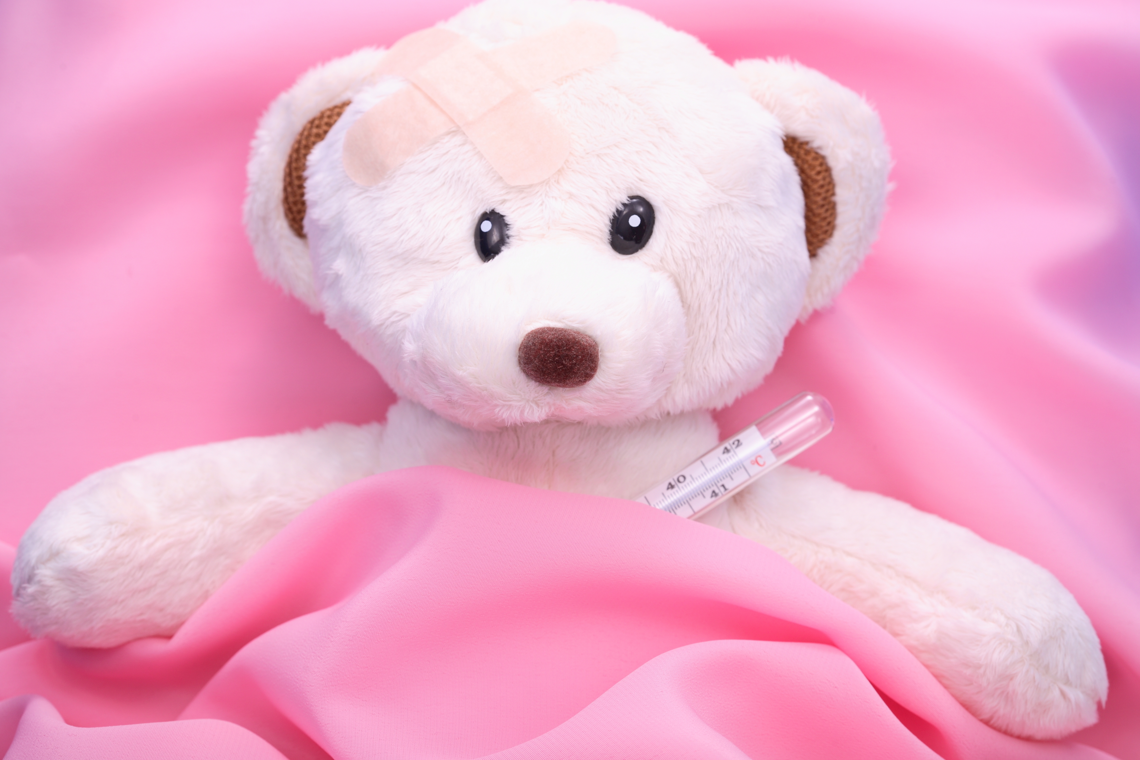 teddy bear, miscellanea, miscellaneous, toy, bed, disease, illness, plaster, patch, thermometer HD wallpaper