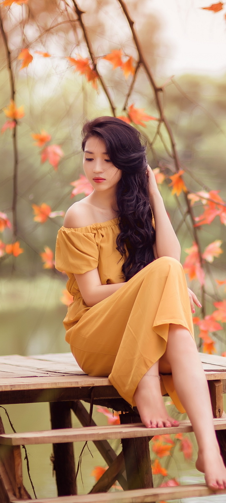 Download mobile wallpaper Mood, Dress, Model, Women, Asian, Feet, Black Hair, Long Hair for free.