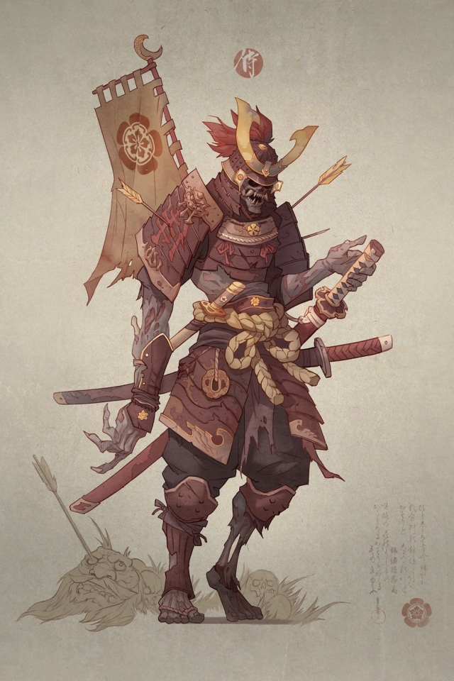 Download mobile wallpaper Fantasy, Warrior, Samurai, Armor, Sword, Undead, Katana, Banner for free.