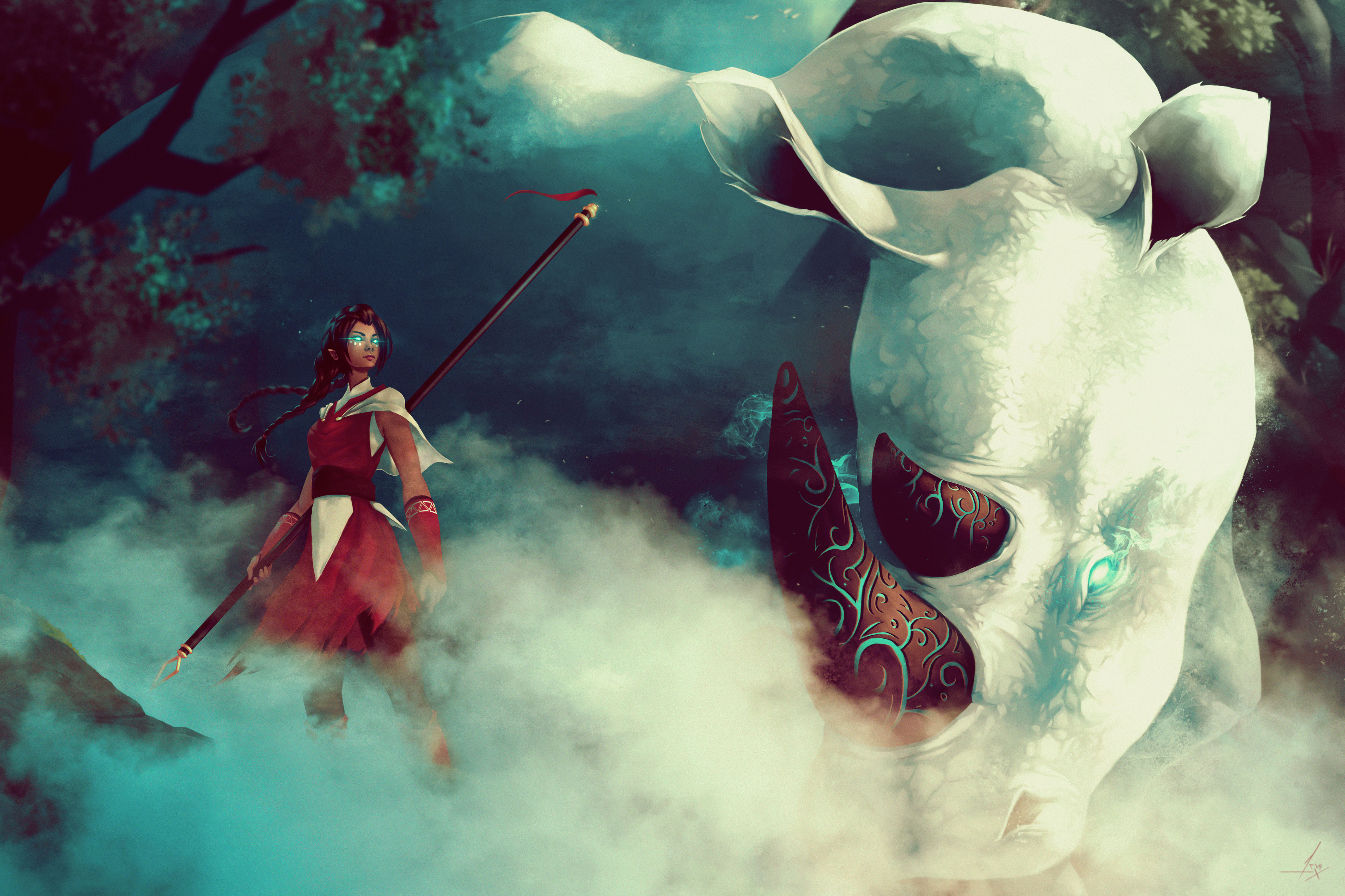 Download mobile wallpaper Fantasy, Spirit, Braid, Women Warrior, Woman Warrior, Rhino for free.