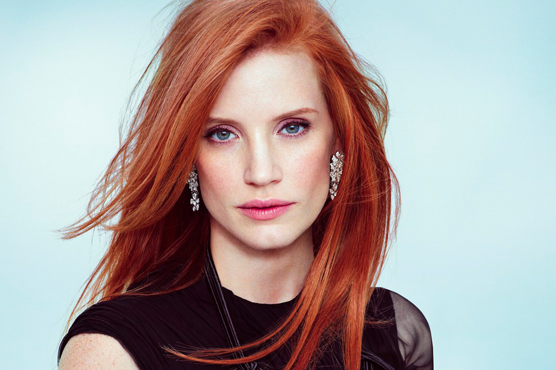 celebrity, jessica chastain, actress, american, blue eyes, earrings, face, redhead