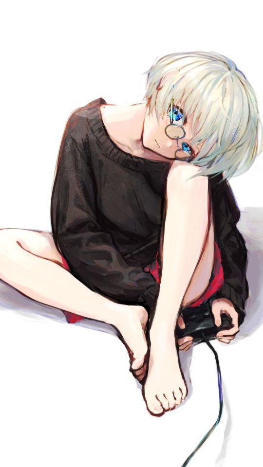 Download mobile wallpaper Anime, Glasses, Controller, Blue Eyes, Original, Short Hair, White Hair for free.