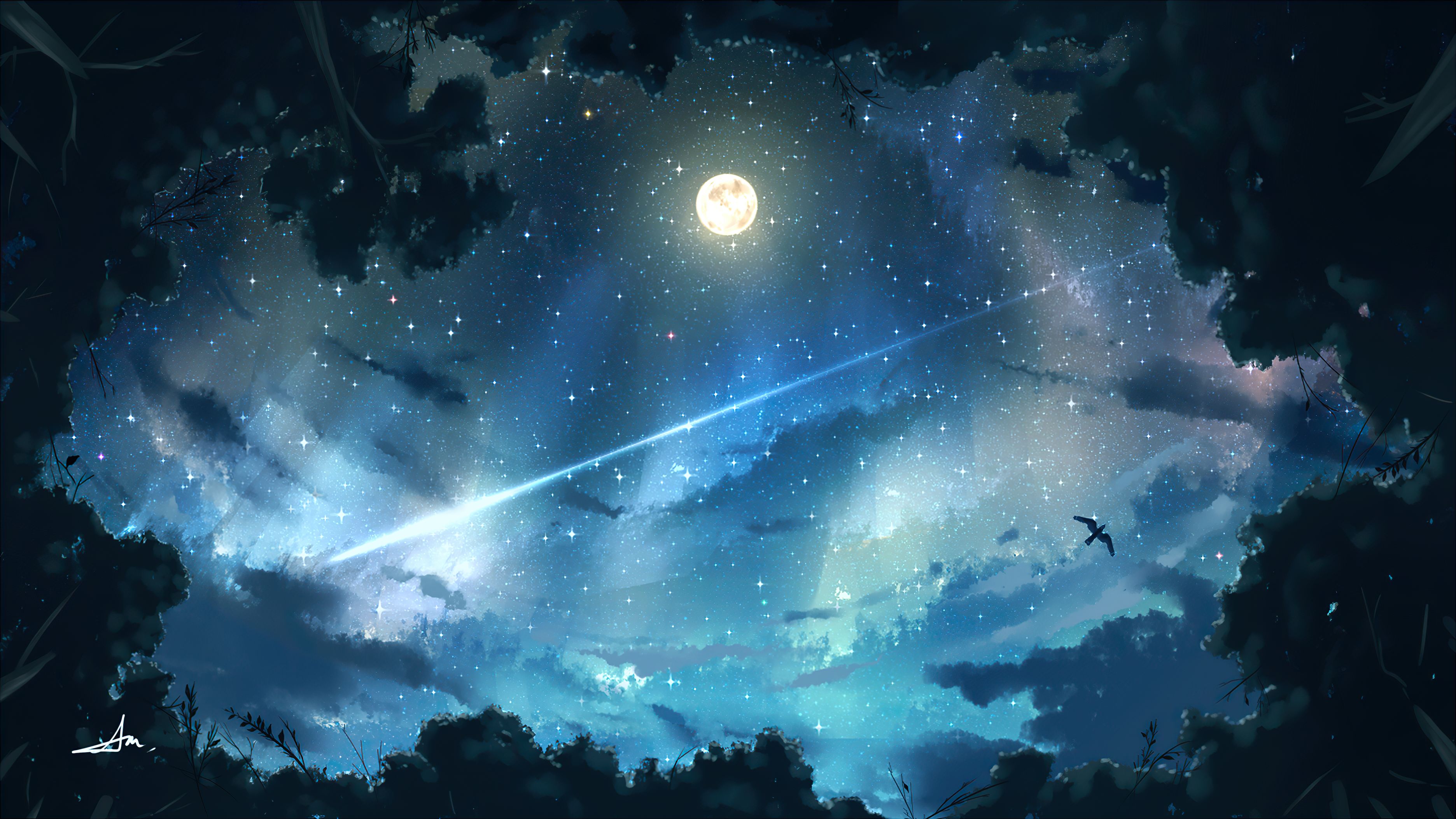 Скачать обои бесплатно Аниме, Небо, Звезды, Ночь, Луна картинка на рабочий стол ПК