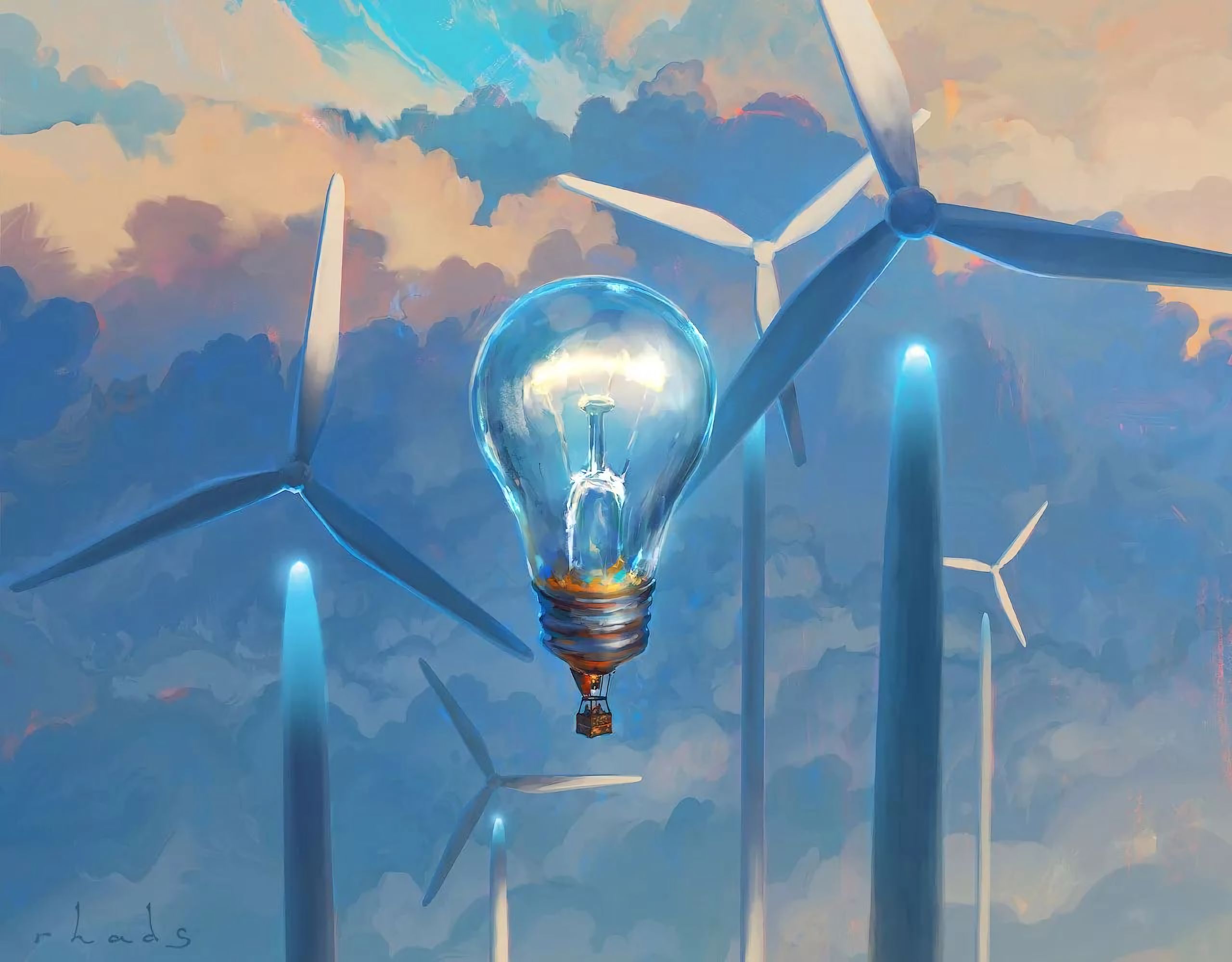 surrealism, art, balloon, light bulb, windmills