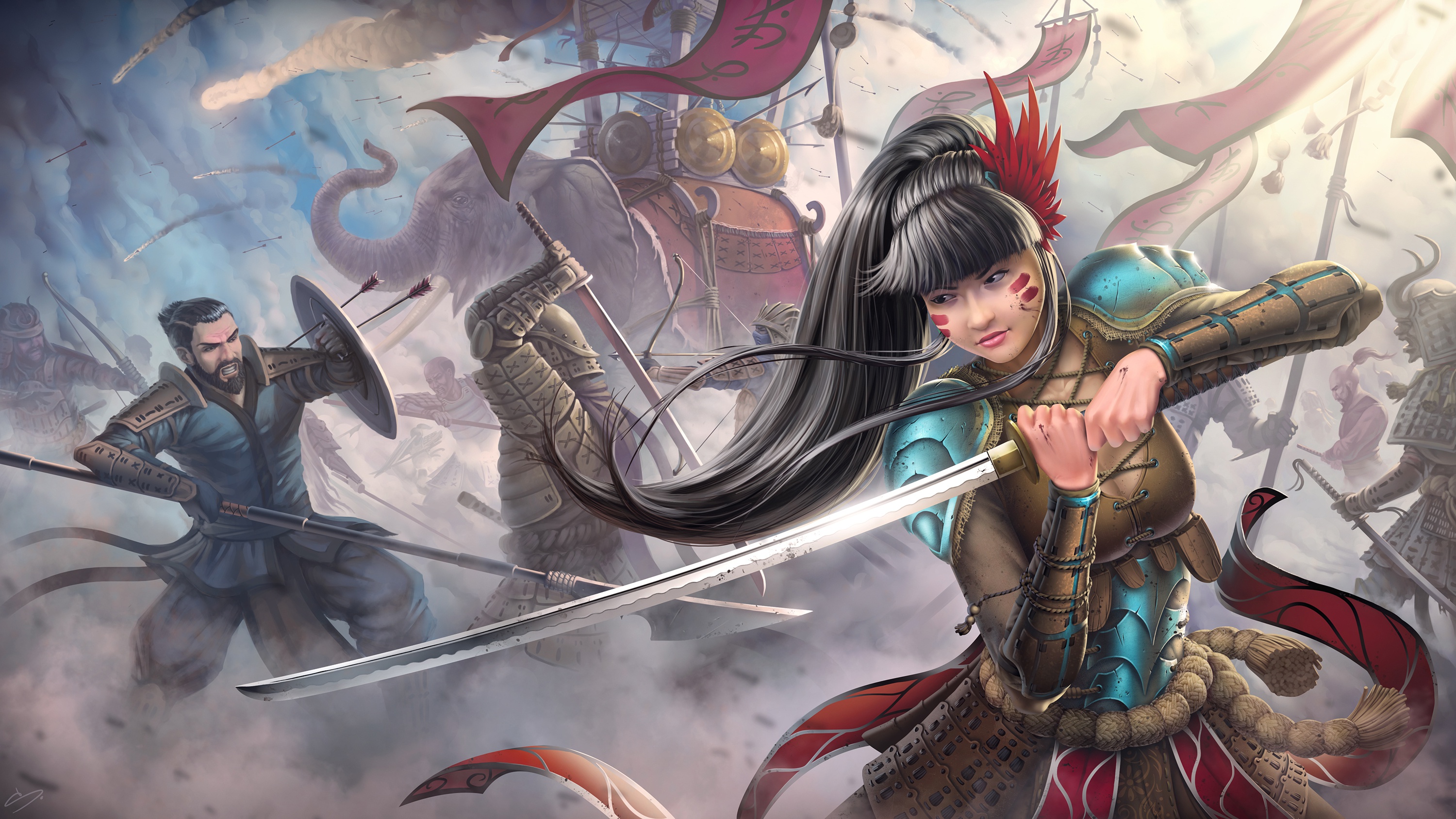 Laden Sie das Fantasie, Krieger, Samurai, Elefant, Schlacht, Orientalisch, Rüstung, Schwert, Frau Krieger-Bild kostenlos auf Ihren PC-Desktop herunter