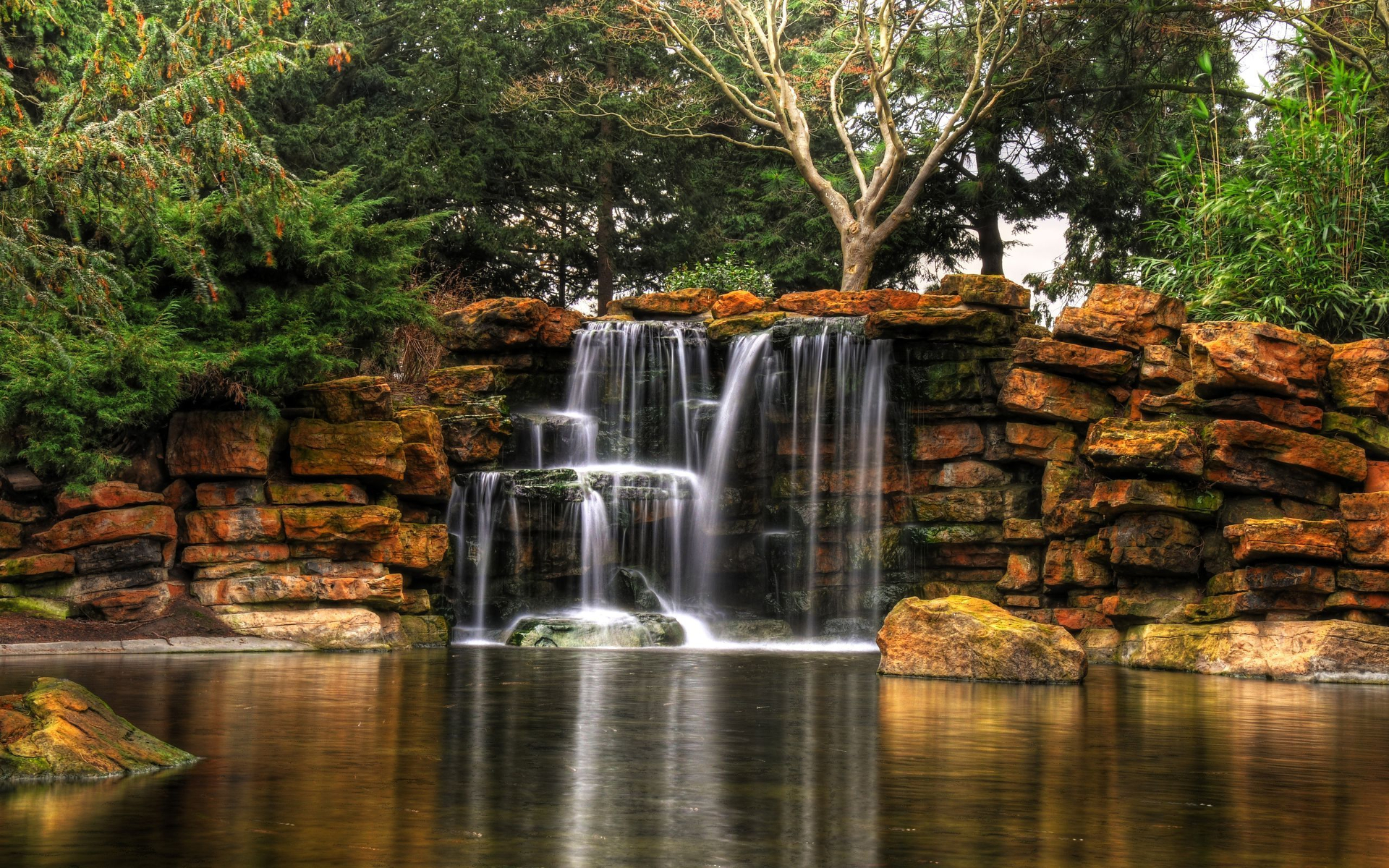 Скачать обои бесплатно Водопады, Водопад, Парк, Дерево, Камень, Пруд, Земля/природа картинка на рабочий стол ПК