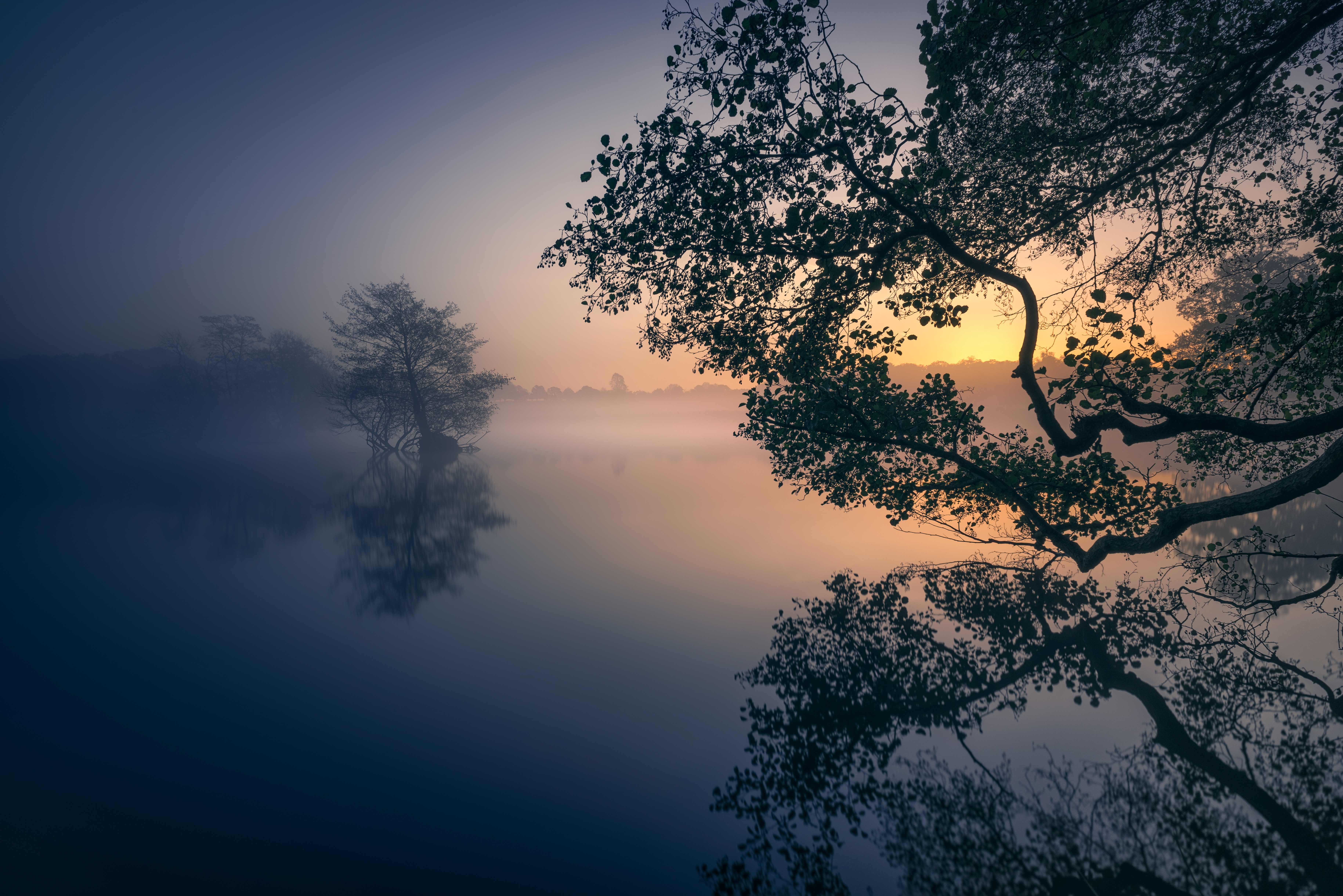 Free download wallpaper Nature, Lake, Reflection, Fog, Sunrise, Earth on your PC desktop