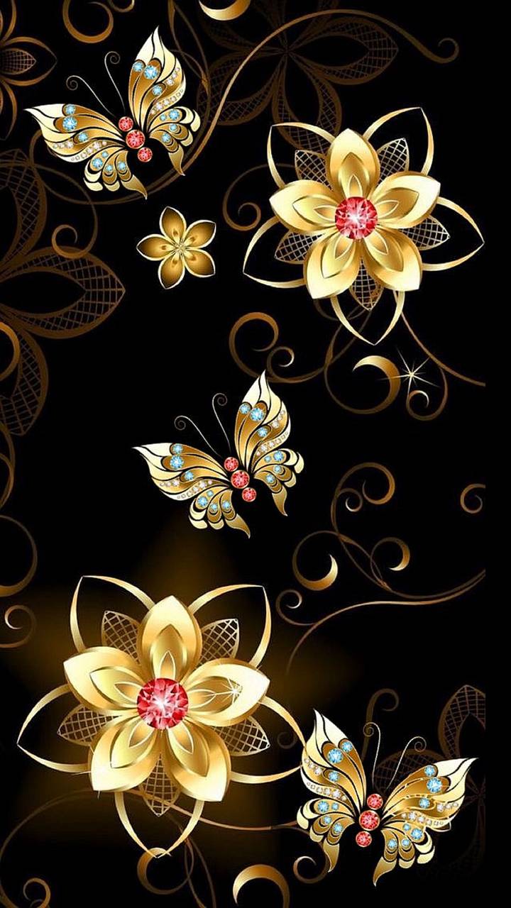 Handy-Wallpaper Schmetterlinge, Blumen, Gold, Schmuck, Blume, Schmetterling, Künstlerisch kostenlos herunterladen.